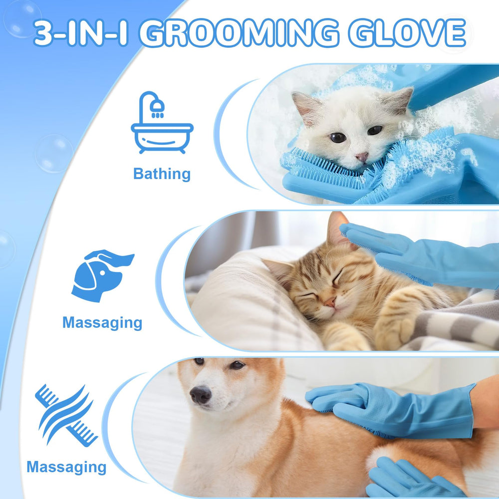 WJWJA Pet Grooming Gloves remove loose hair during bath with silicone bristles.
