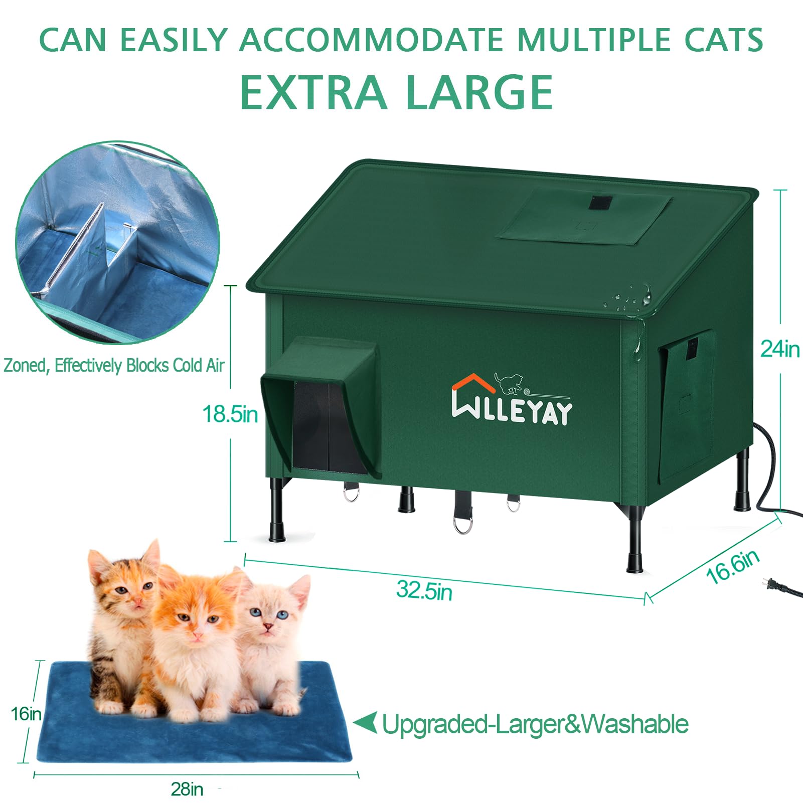 WLLEYAY weatherproof cat shelter withstands rain and wind with a durable outer shell.