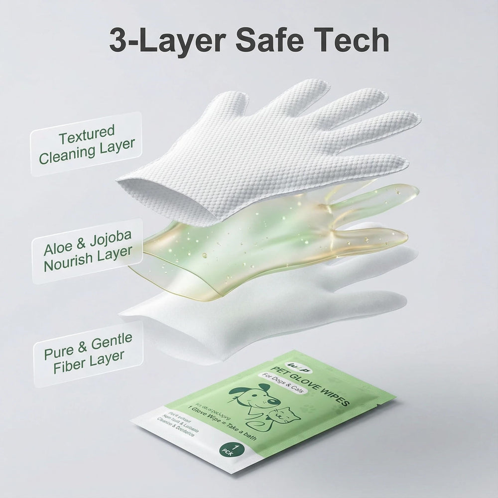 WLP Pet Glove Wipes open glove demonstrates ready-to-use cleaning between grooming sessions