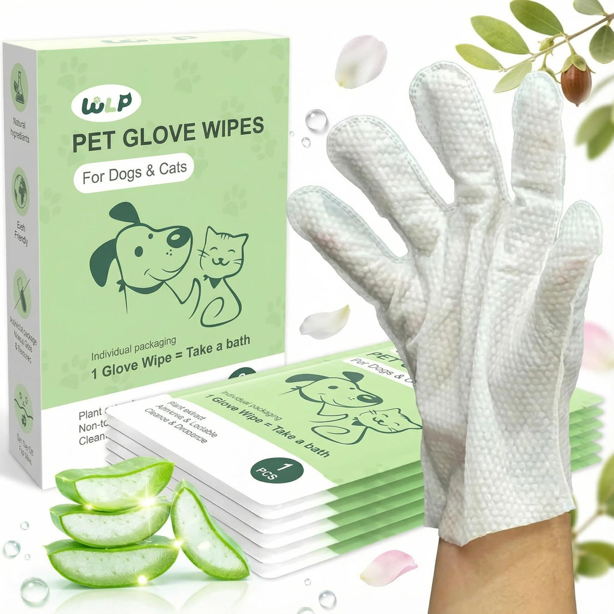 WLP Pet Glove Wipes package shows convenient on-the-go packaging for daily care