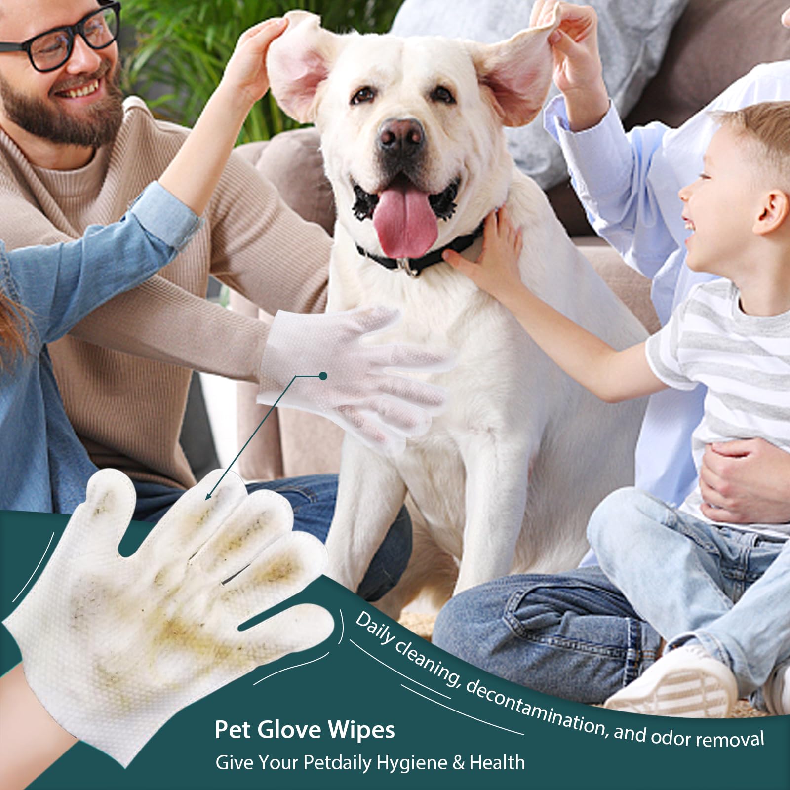 WLP Pet Glove Wipes travel case image communicates mess-free care while traveling