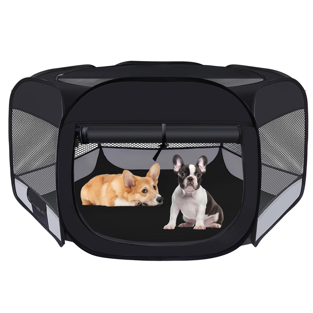 Wn's Day dog cat playpen folded for easy storage and portability.