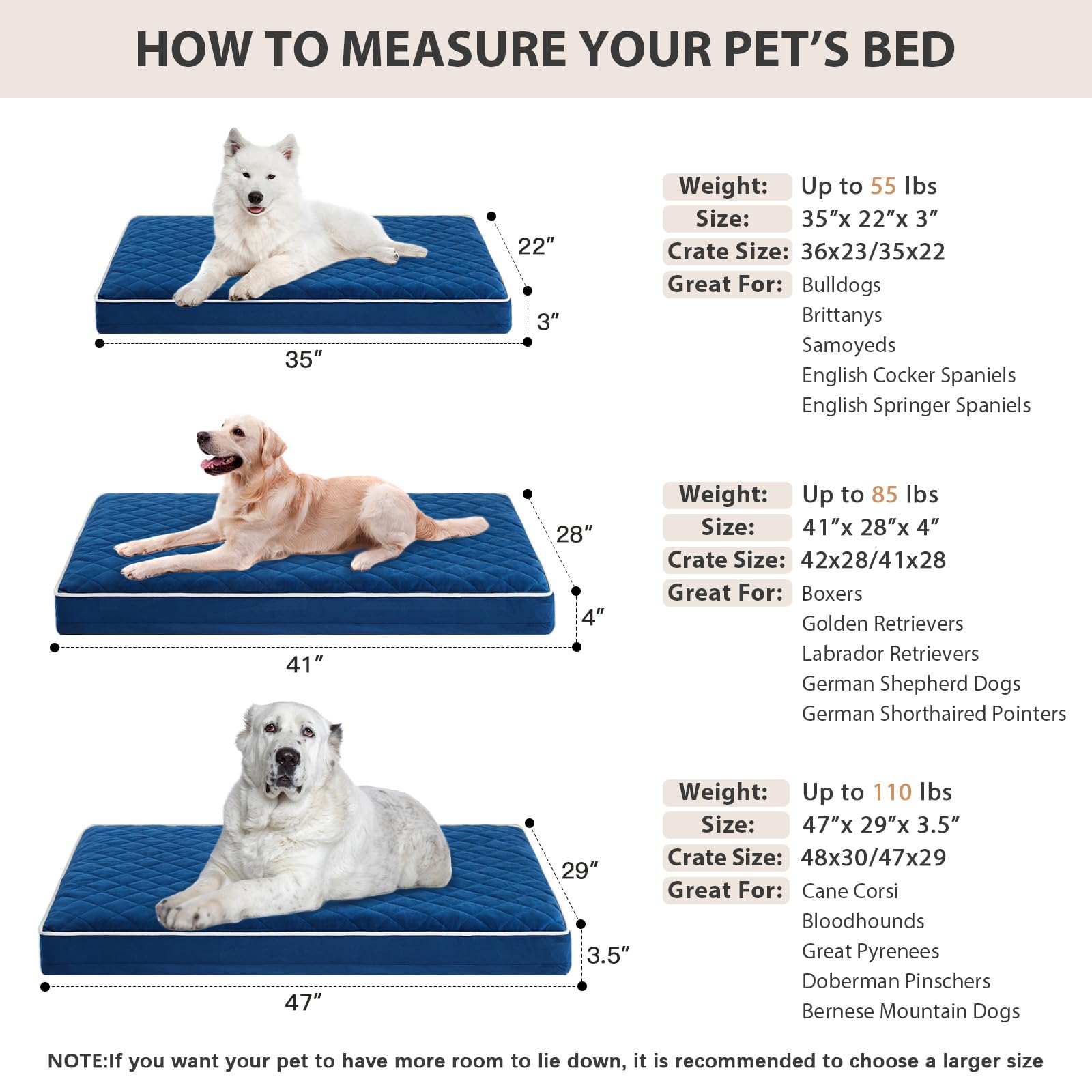 WNPETHOME 47x29x3.5-inch-dimension shows size suitability for large dogs.
