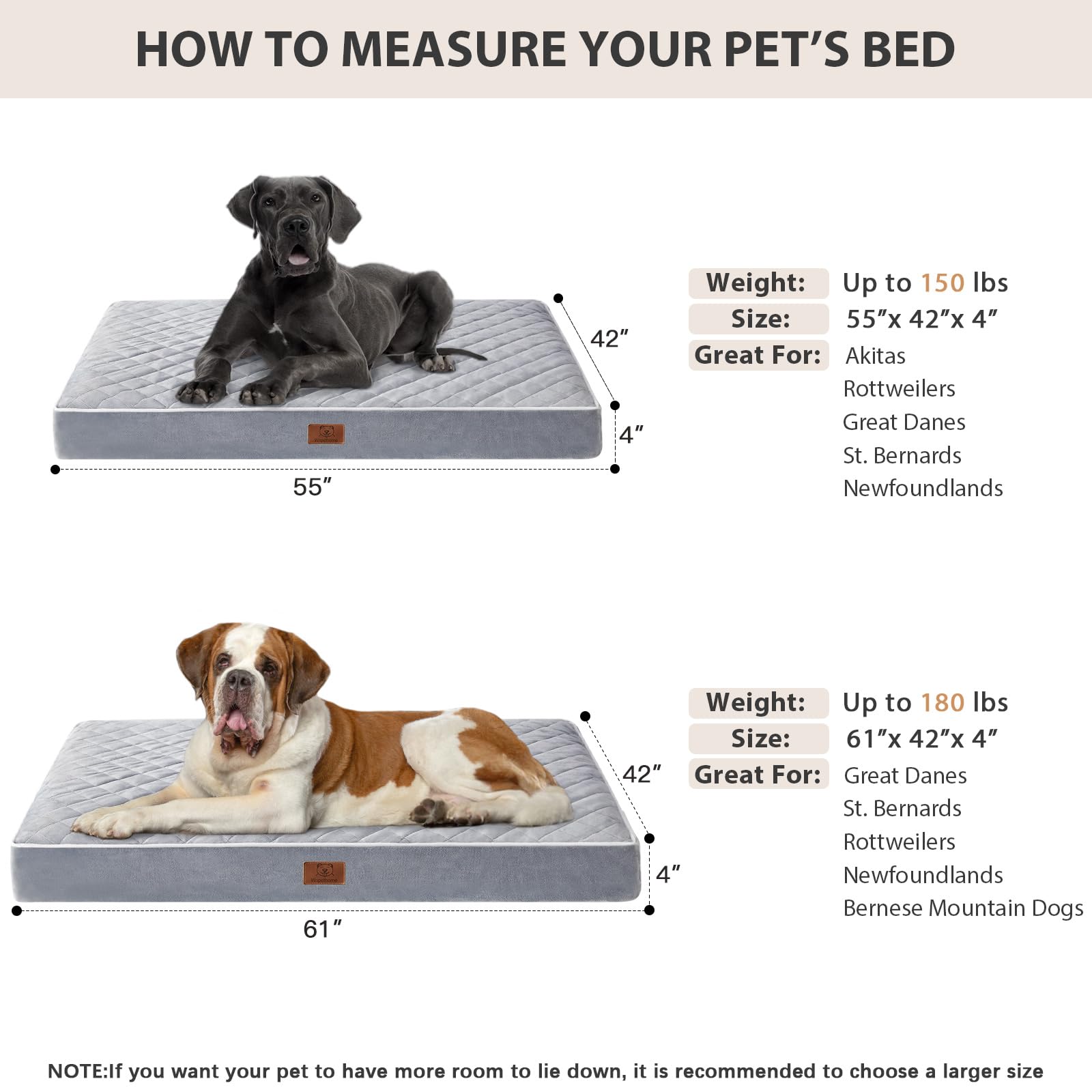 WNPETHOME 55x42x4 giant bed fits large dogs.