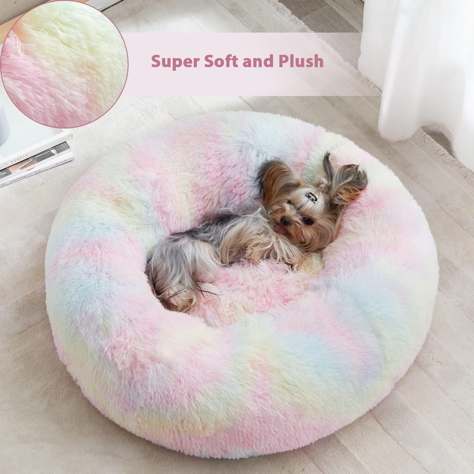 WNPETHOME Calming Donut Bed Rainbow edge detail shows 8-inch raised rim