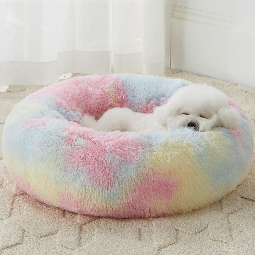 WNPETHOME Calming Donut Bed Rainbow front view shows plush comfort for deep naps