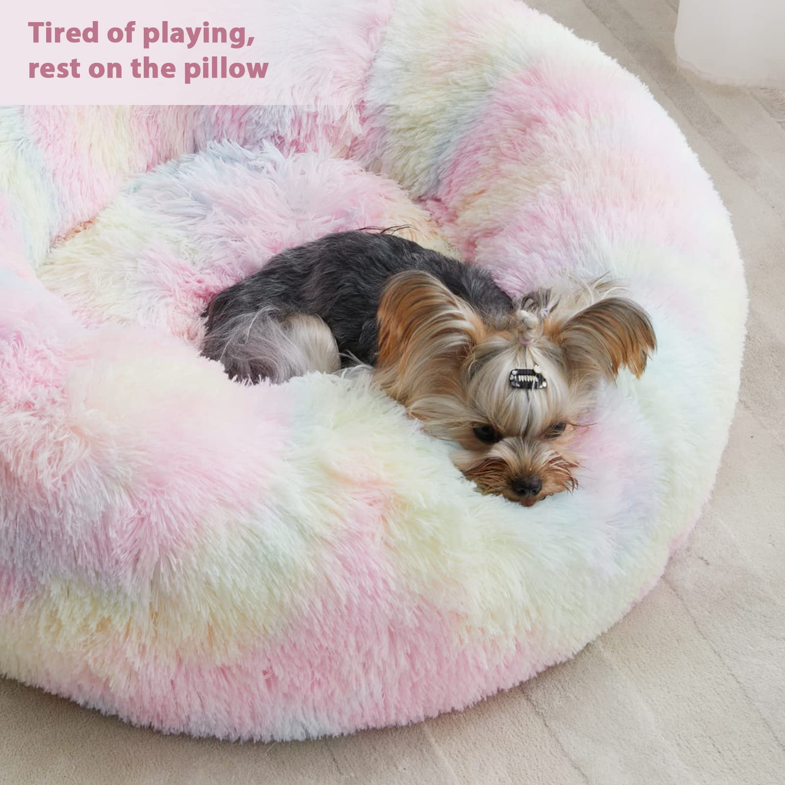 WNPETHOME Calming Donut Bed Rainbow in-use shot illustrates comfort and stability