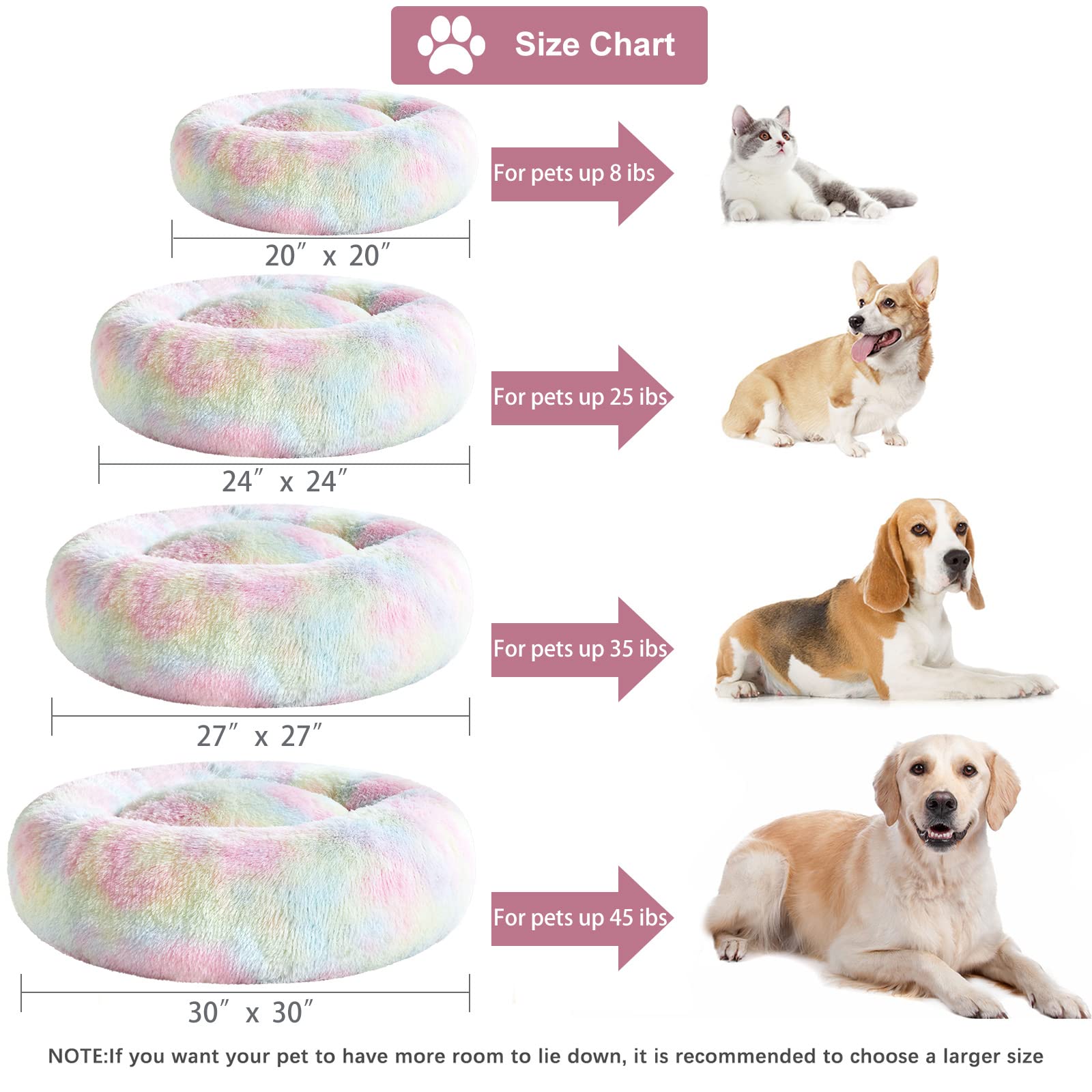 WNPETHOME Calming Donut Bed Rainbow packaging image demonstrates compressed to fluff