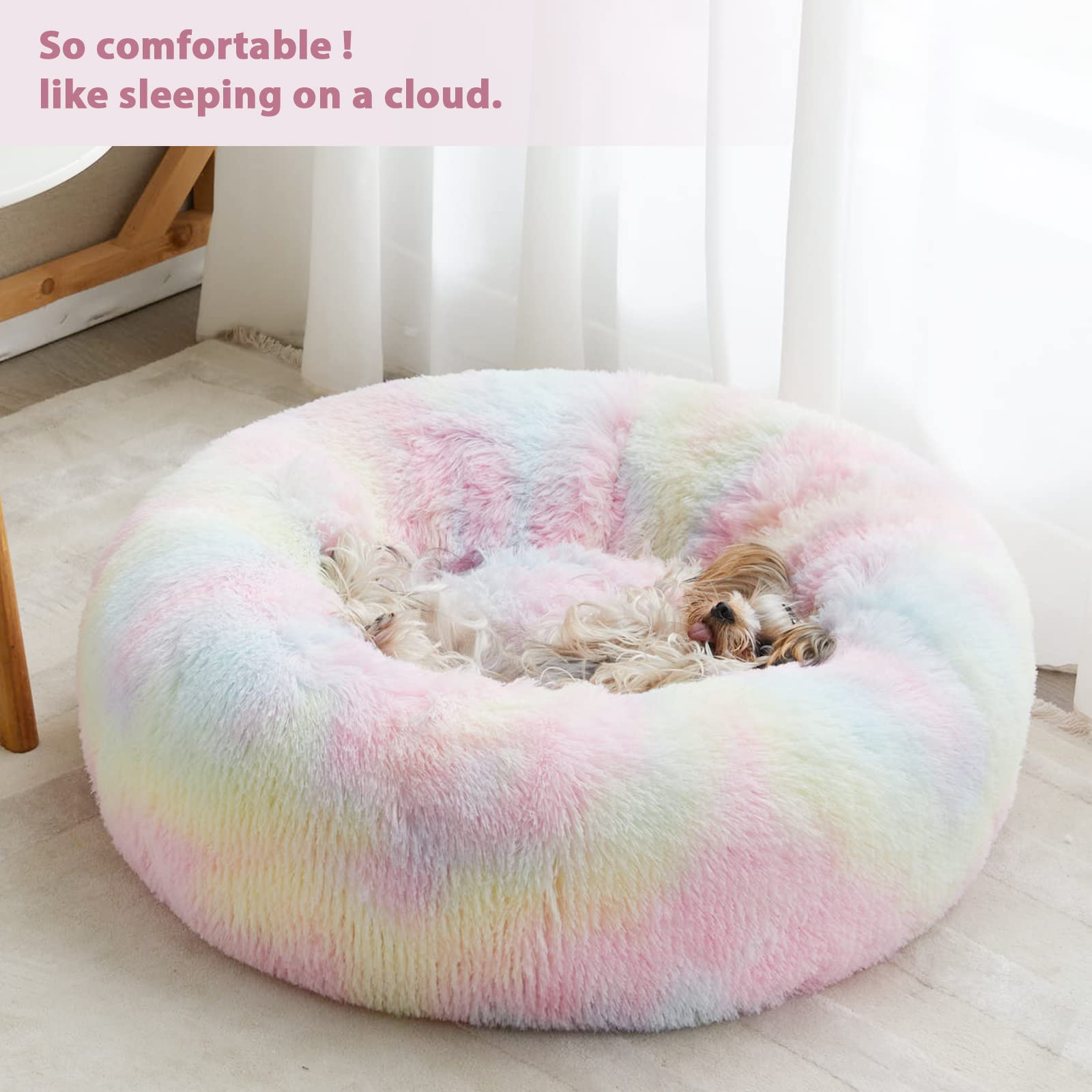 WNPETHOME Calming Donut Bed Rainbow side view highlights secure edge support