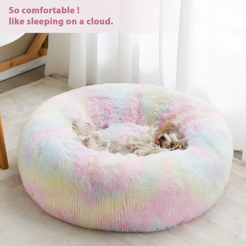 WNPETHOME Calming Donut Bed Rainbow side view highlights secure edge support