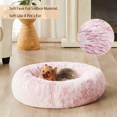 WNPETHOME calming donut dog bed plush fabric closeup shows soft faux fur for cuddling comfort