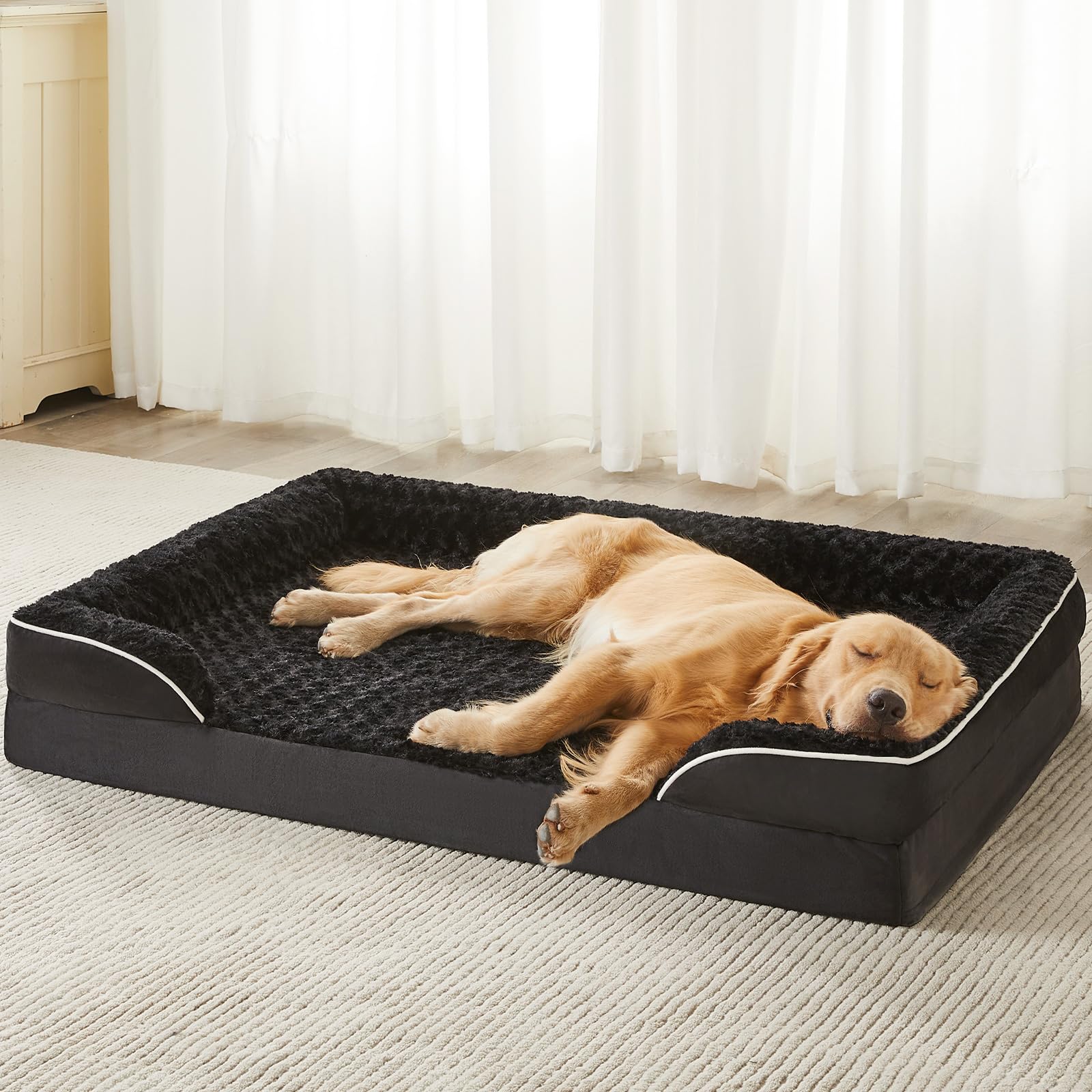 WNPETHOME large dog bed with side bolster for neck and head support during restful sleep.