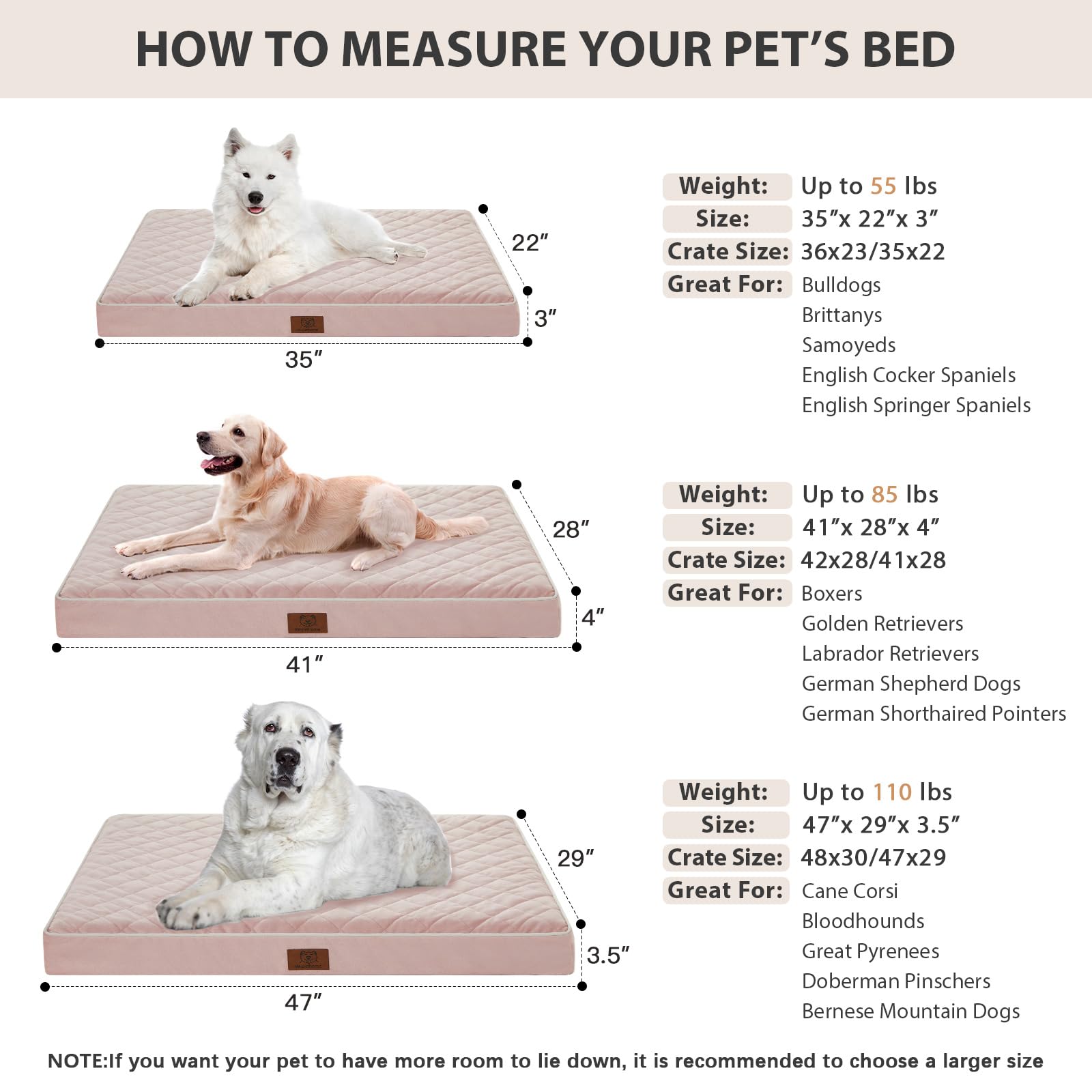 WNPETHOME orthopedic XXL dog bed measures 47x29 inches for large breeds