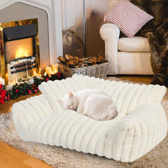 Wn's Day cute cat couch bed cream angle emphasizes plush warmth for cozy indoor naps.
