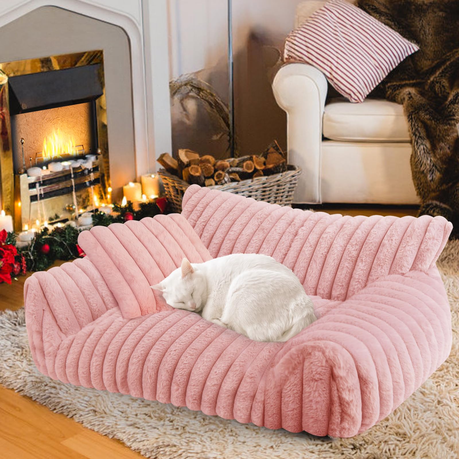 Wn's Day cute cat couch bed pink front view showcases cozy warmth for autumn and winter.