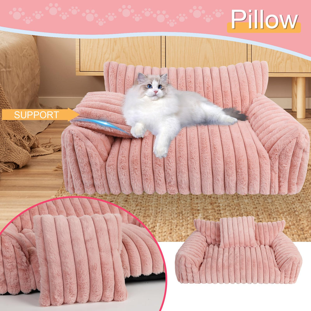 Wn's Day cat couch bed pink side view highlights three-sided bolster for neck support.