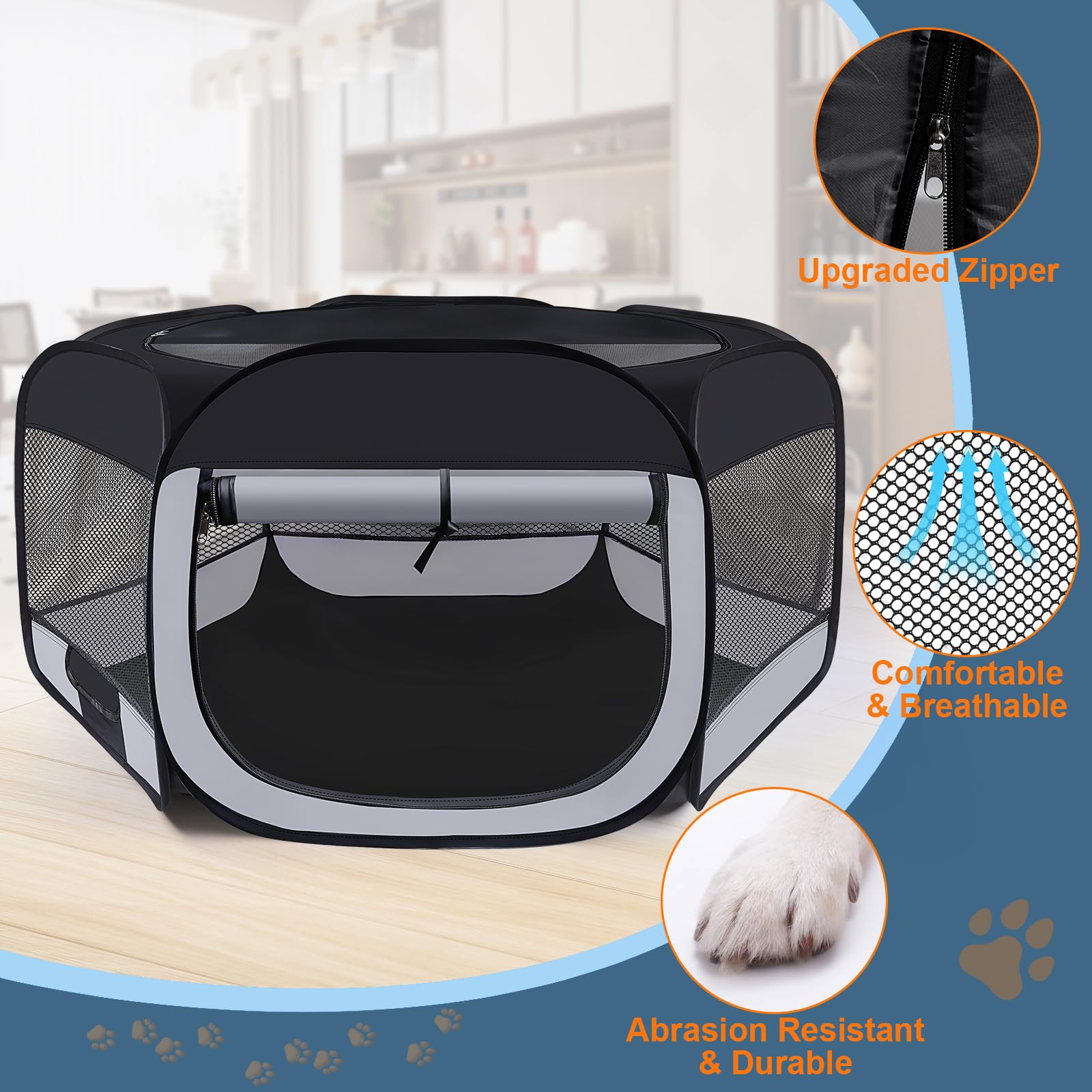 Wn's Day dog-cat playpen folded circle demonstrates compact portability with carrying bag.
