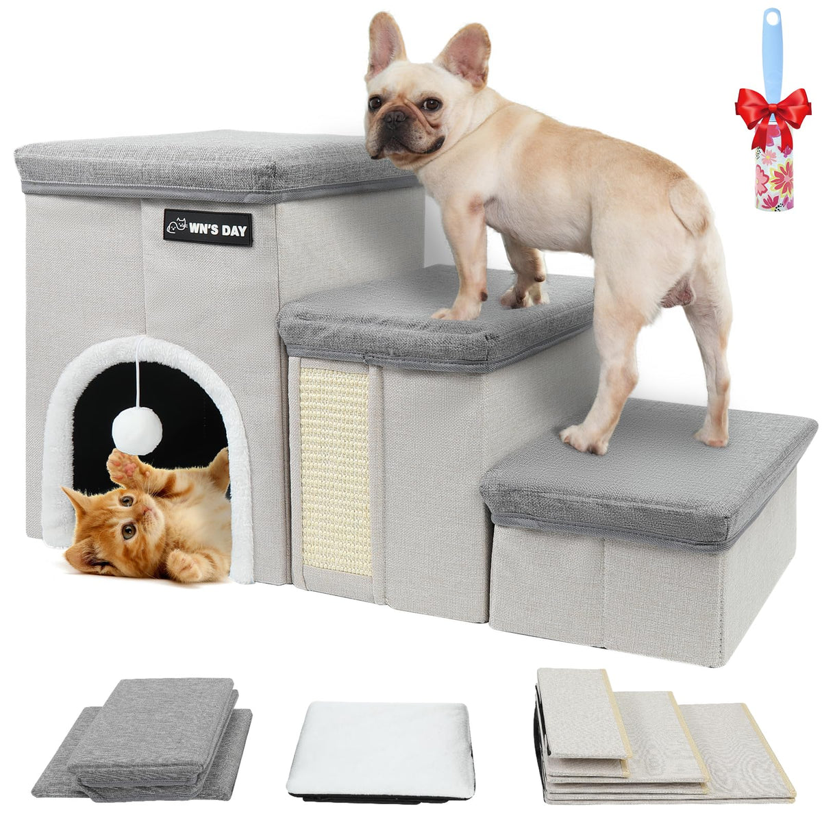 Wn's Day dog stairs foldable with storage keeps pet gear organized.