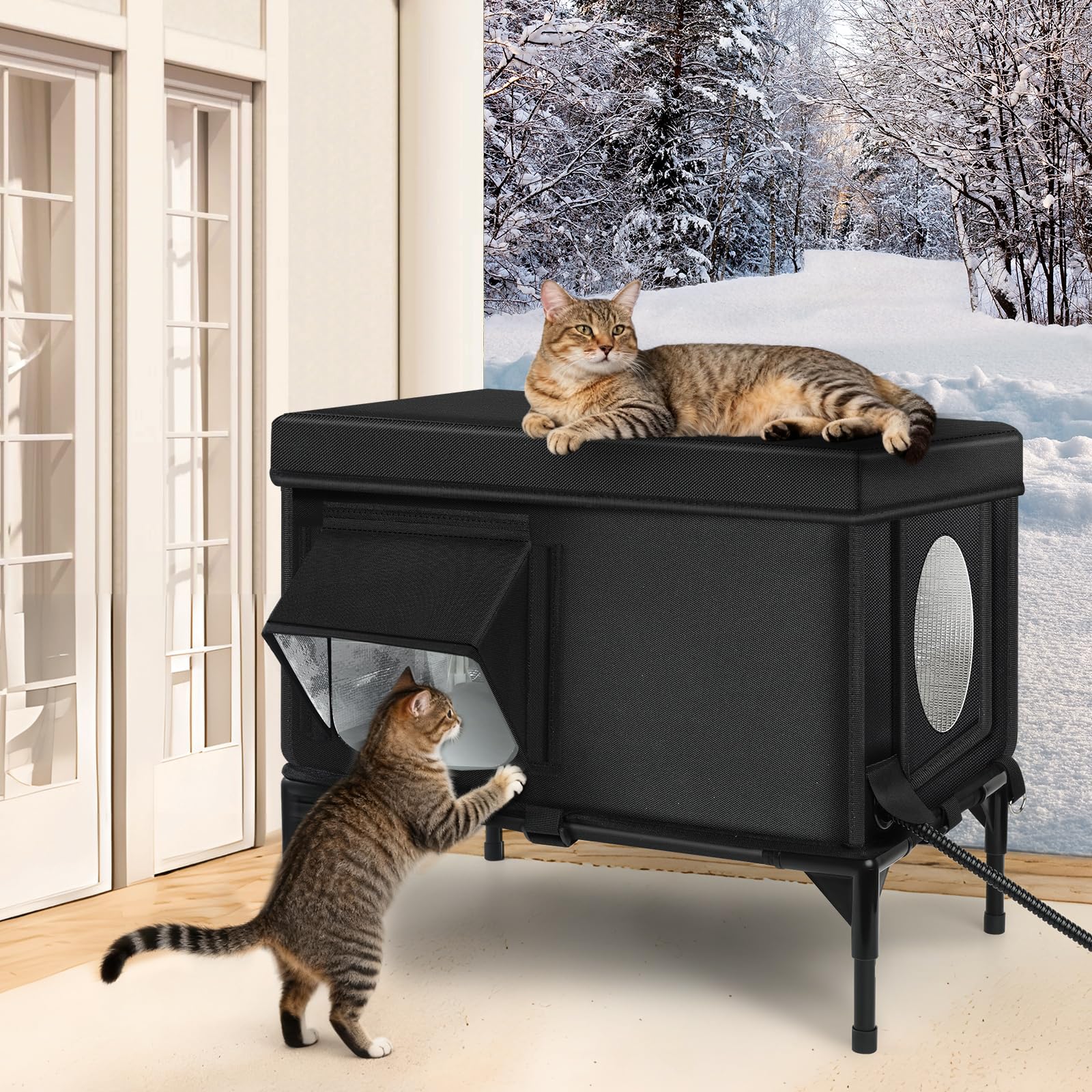 Wn's Day heating pad inside cat house adds extra warmth