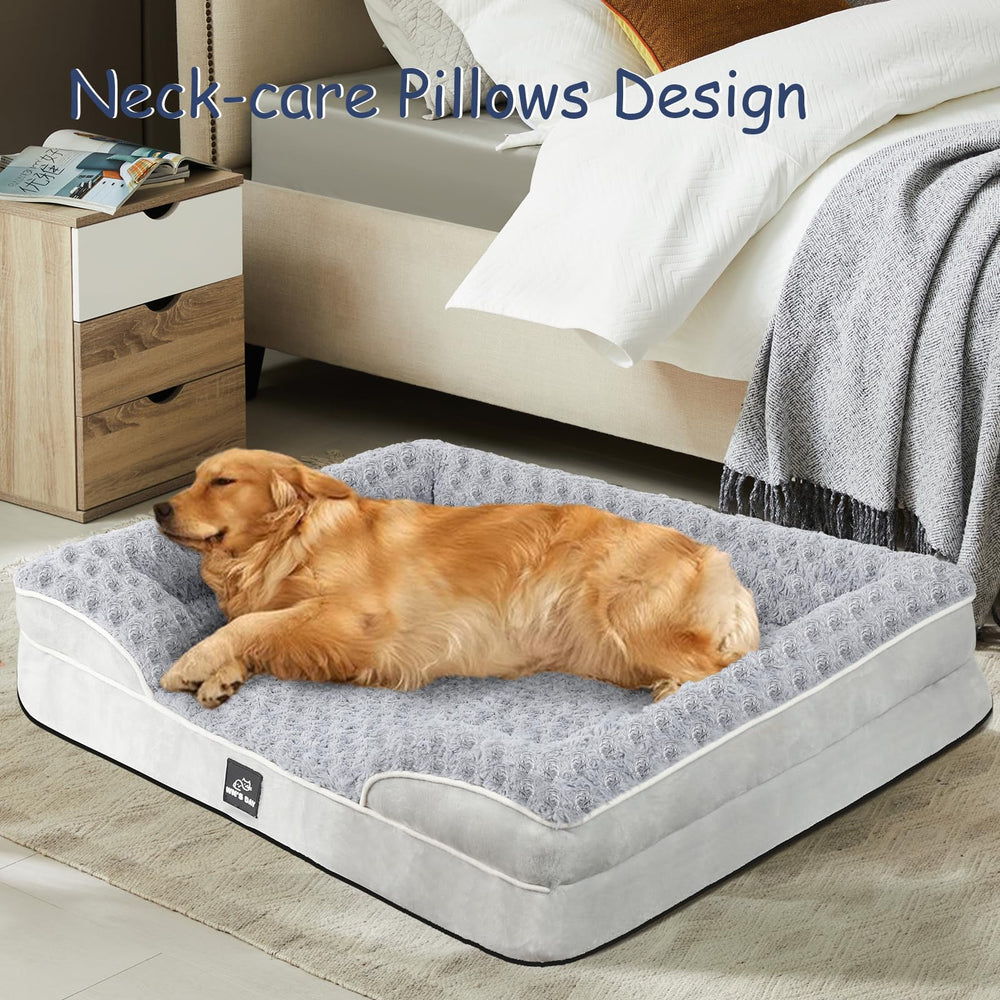 Wn's Day large gray dog bed shown in a cozy room.