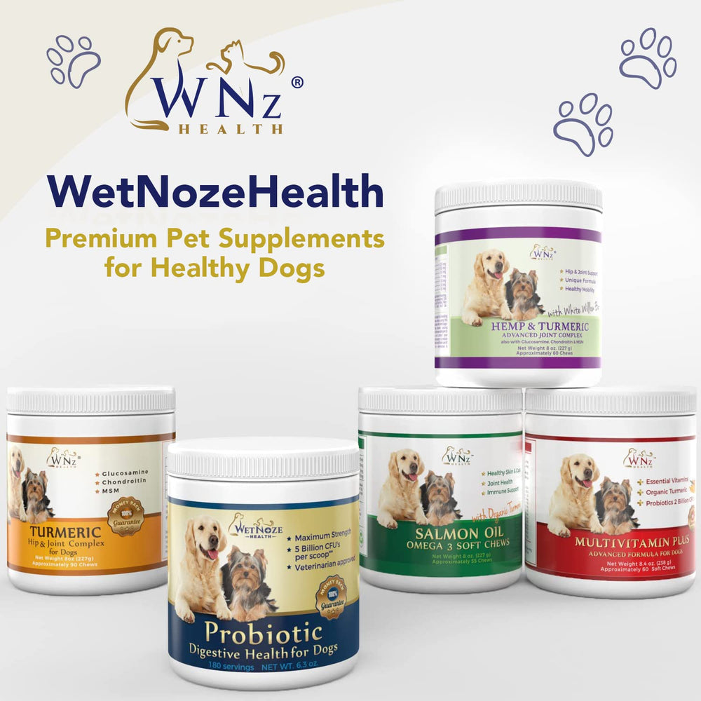 WNz Health calming dog treats with probiotics providing soothing digestive support.