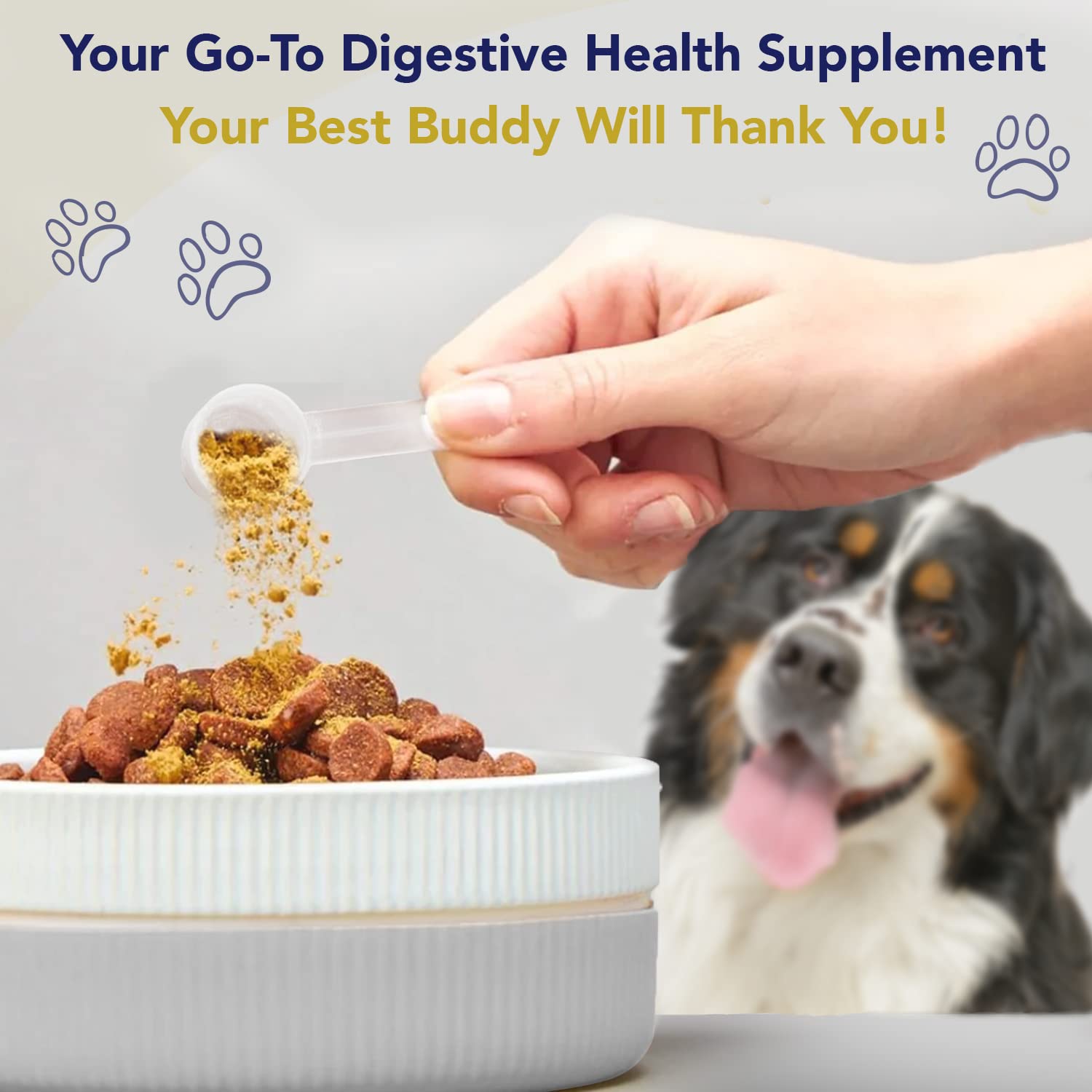 WNz Health dog probiotic powder being poured from scoop for easy daily use.