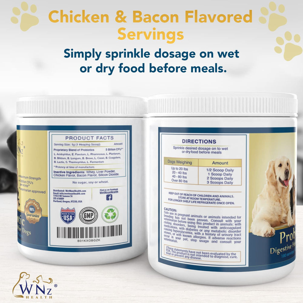WNz Health chicken-bacon flavored dog probiotic powder scoop highlights tasty gut health.