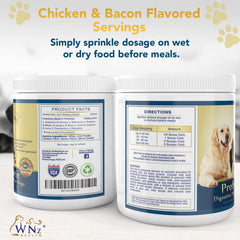 WNz Health chicken-bacon flavored dog probiotic powder scoop highlights tasty gut health.