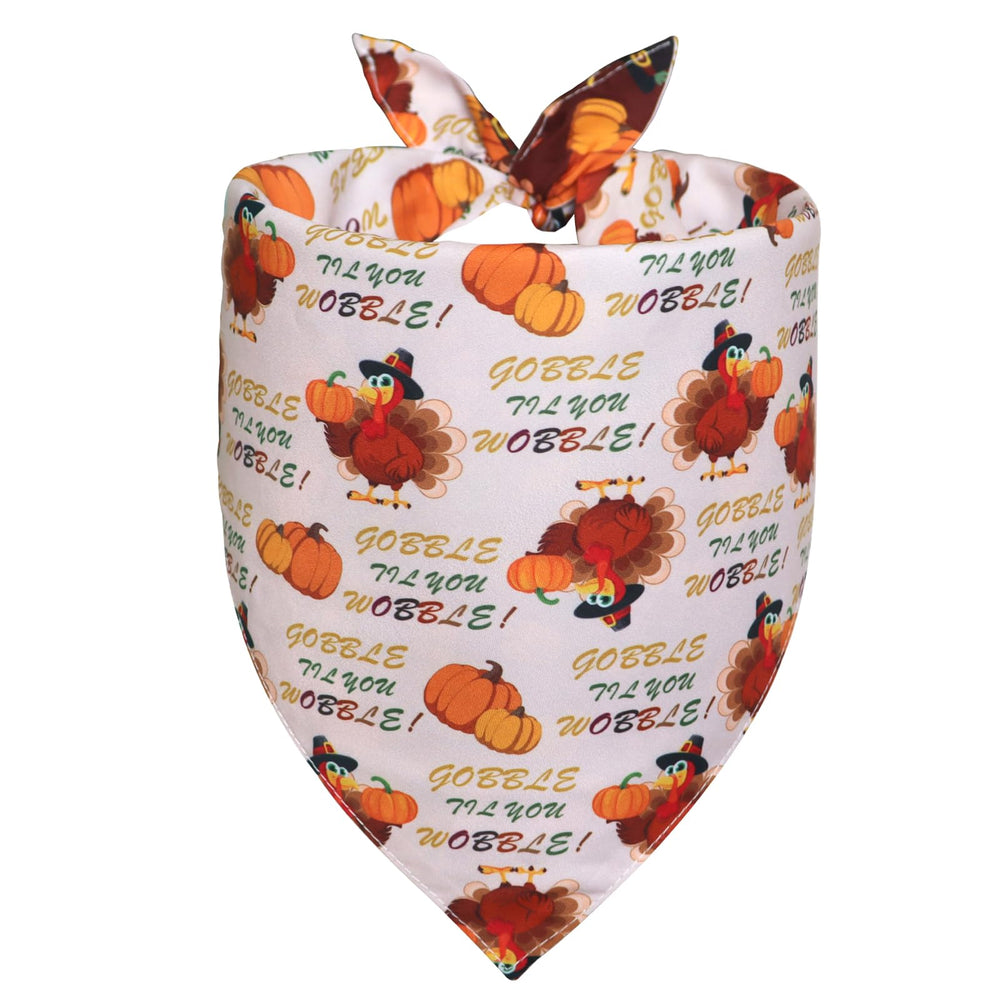 WoffBow Thanksgiving bandana tan side with pumpkins for cute holiday portraits