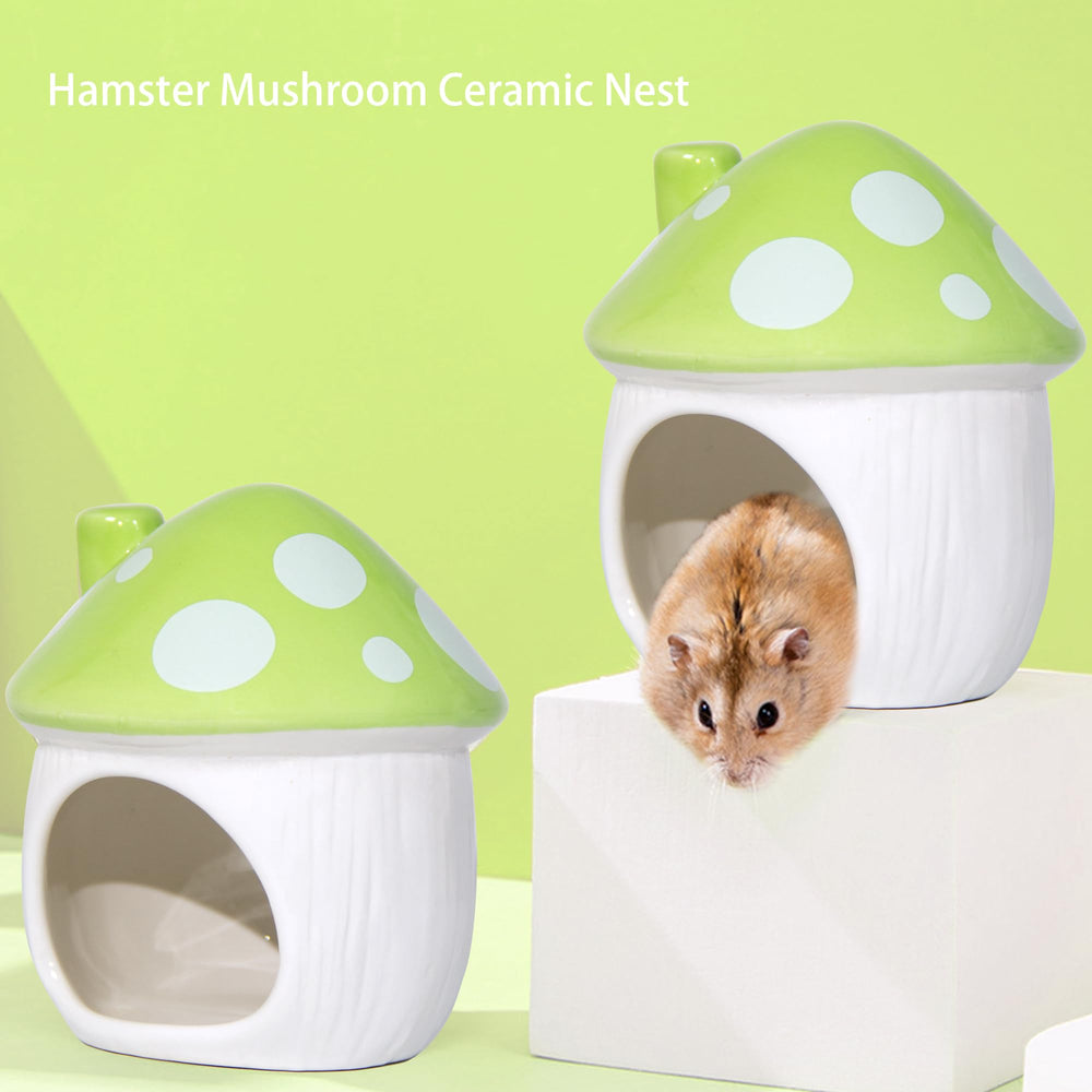 Woleigiao ceramic mushroom hamster hideout front view showcases easy-clean glazed surfaces.