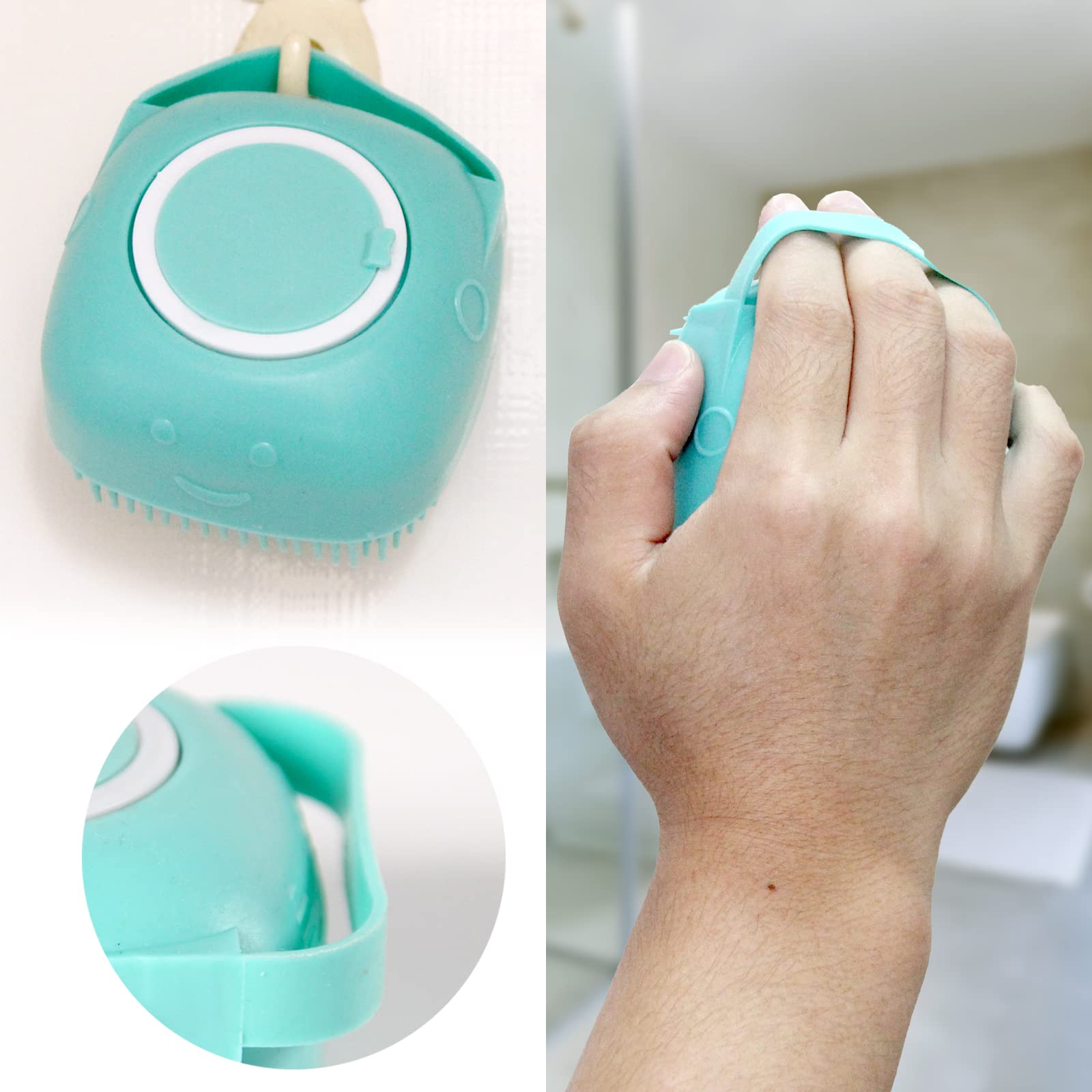 Woleigiao Pet Bath Brush features overhead lid for pouring shampoo easily.