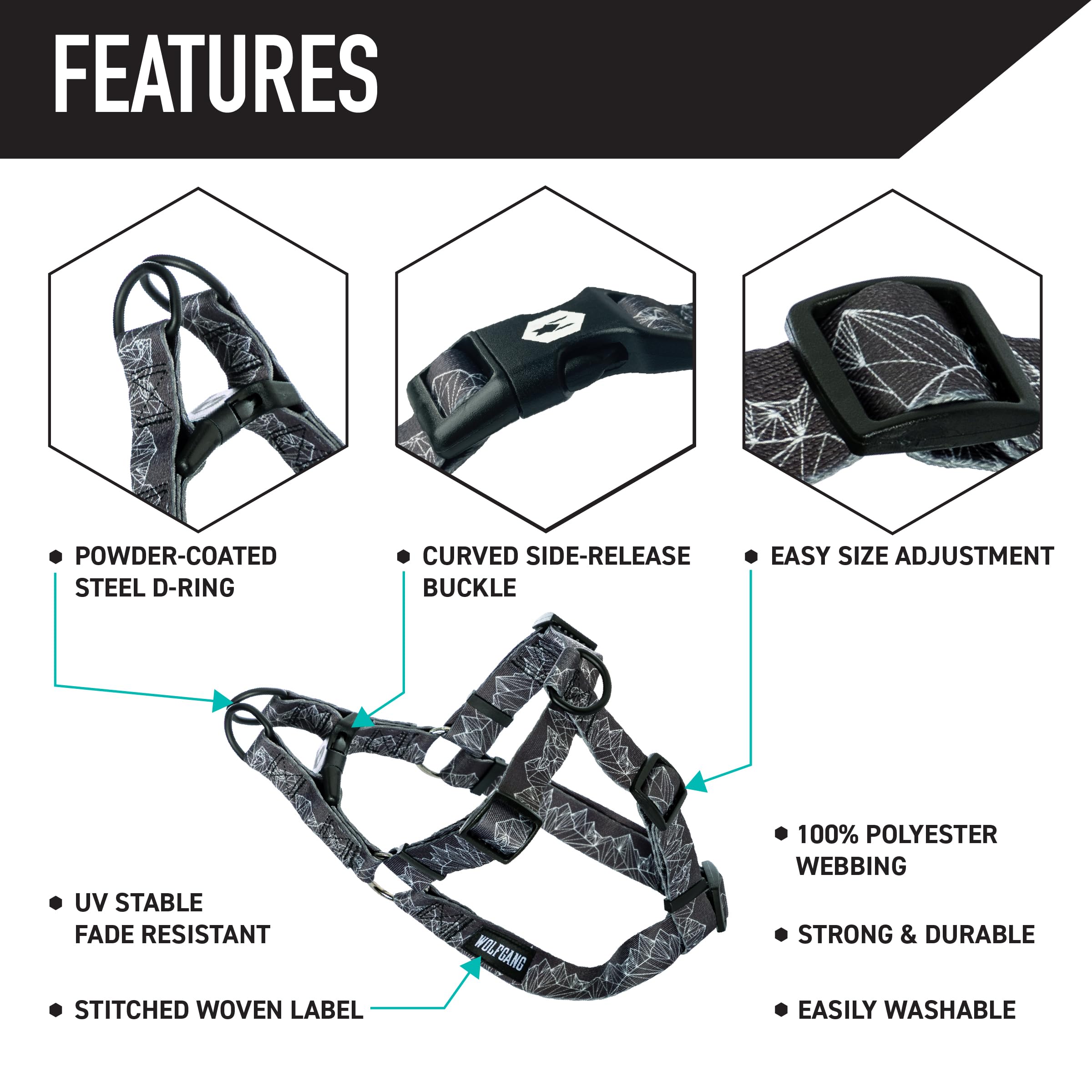 Wolfgang harness welded steel D-ring close-up demonstrates secure leash attachment