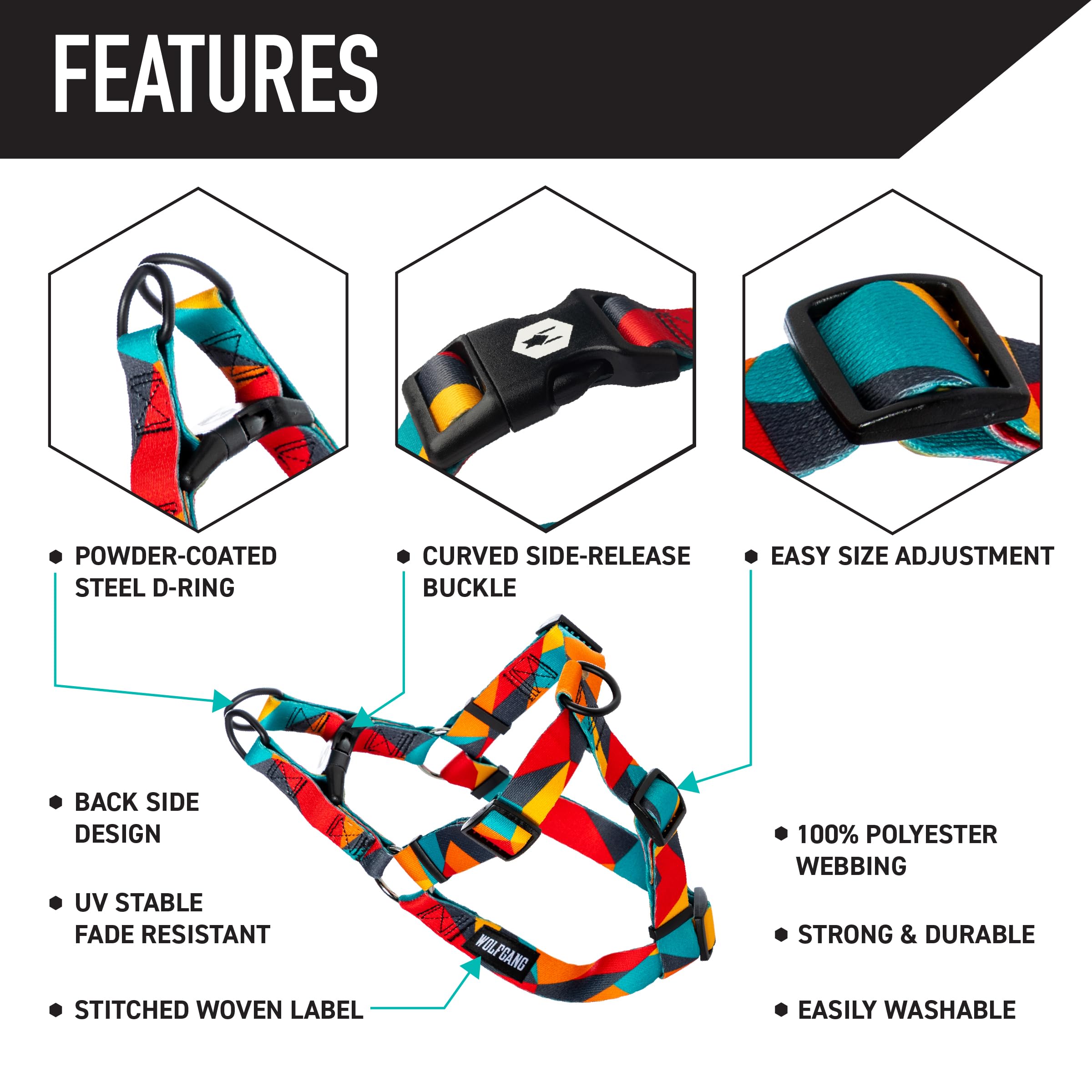 Wolfgang Man & Beast harness close-up on D-ring highlights secure leash attachment for training