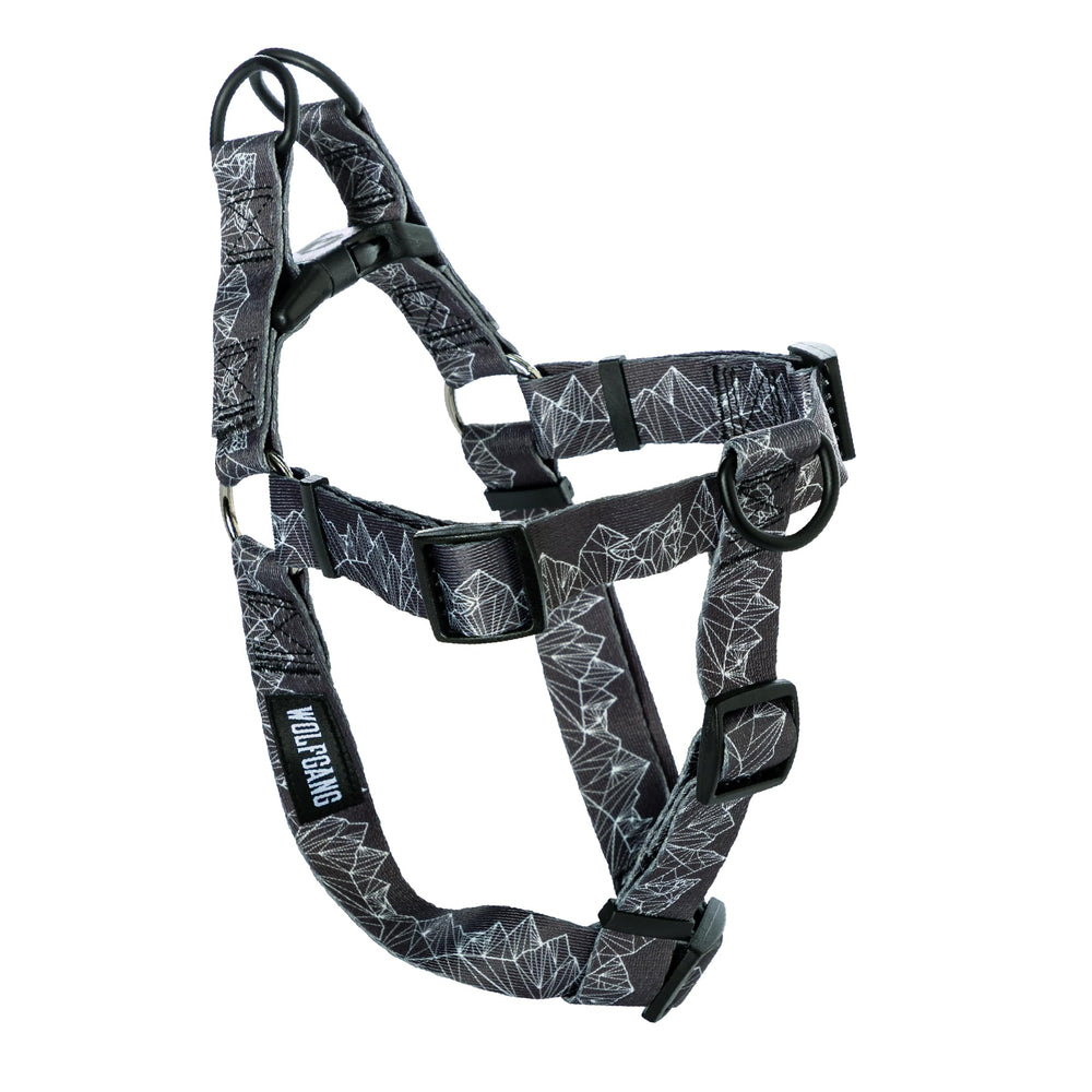 Wolfgang Heavy Duty Adjustable Harness in WolfMountain print, front view for everyday walks