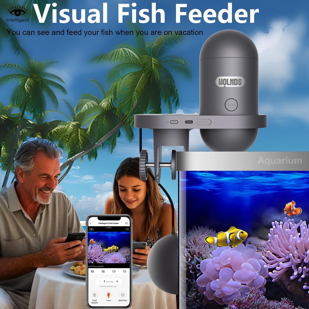 Wolmds Automatic Fish Feeder top view highlights compact profile and mounting options.