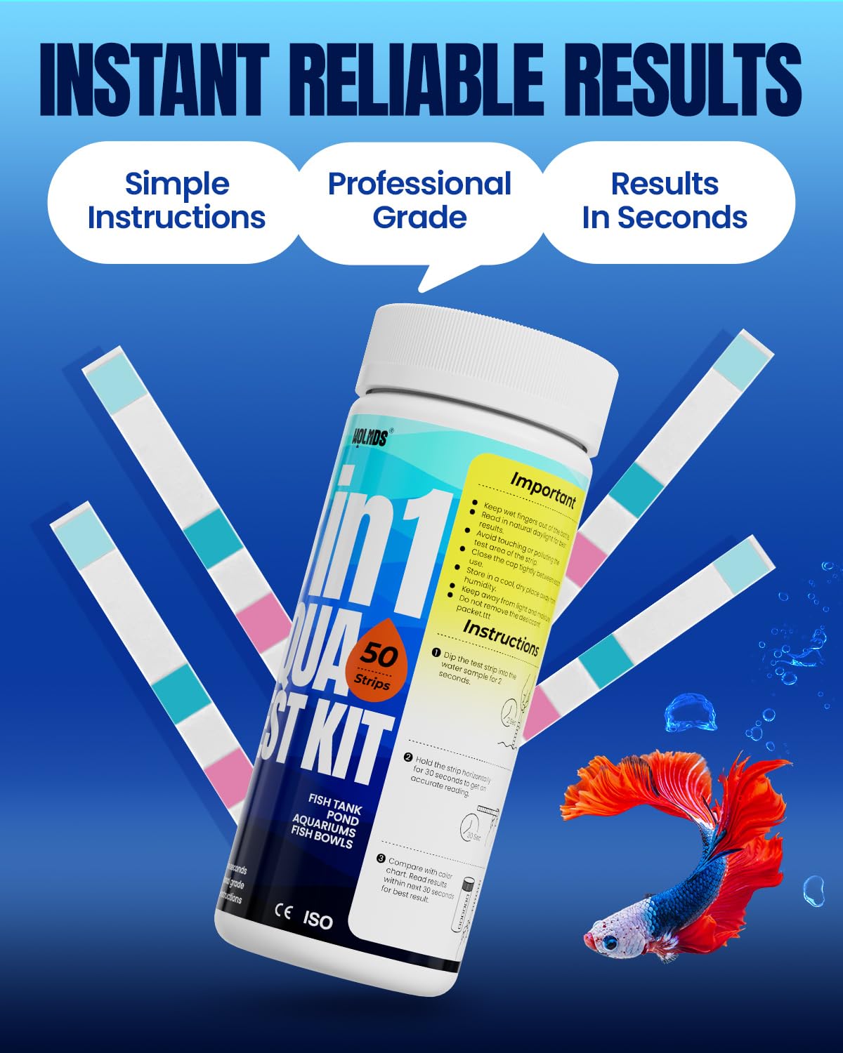 Wolmds dip-strip closeup highlights fast, accurate readings for ammonia and pH.
