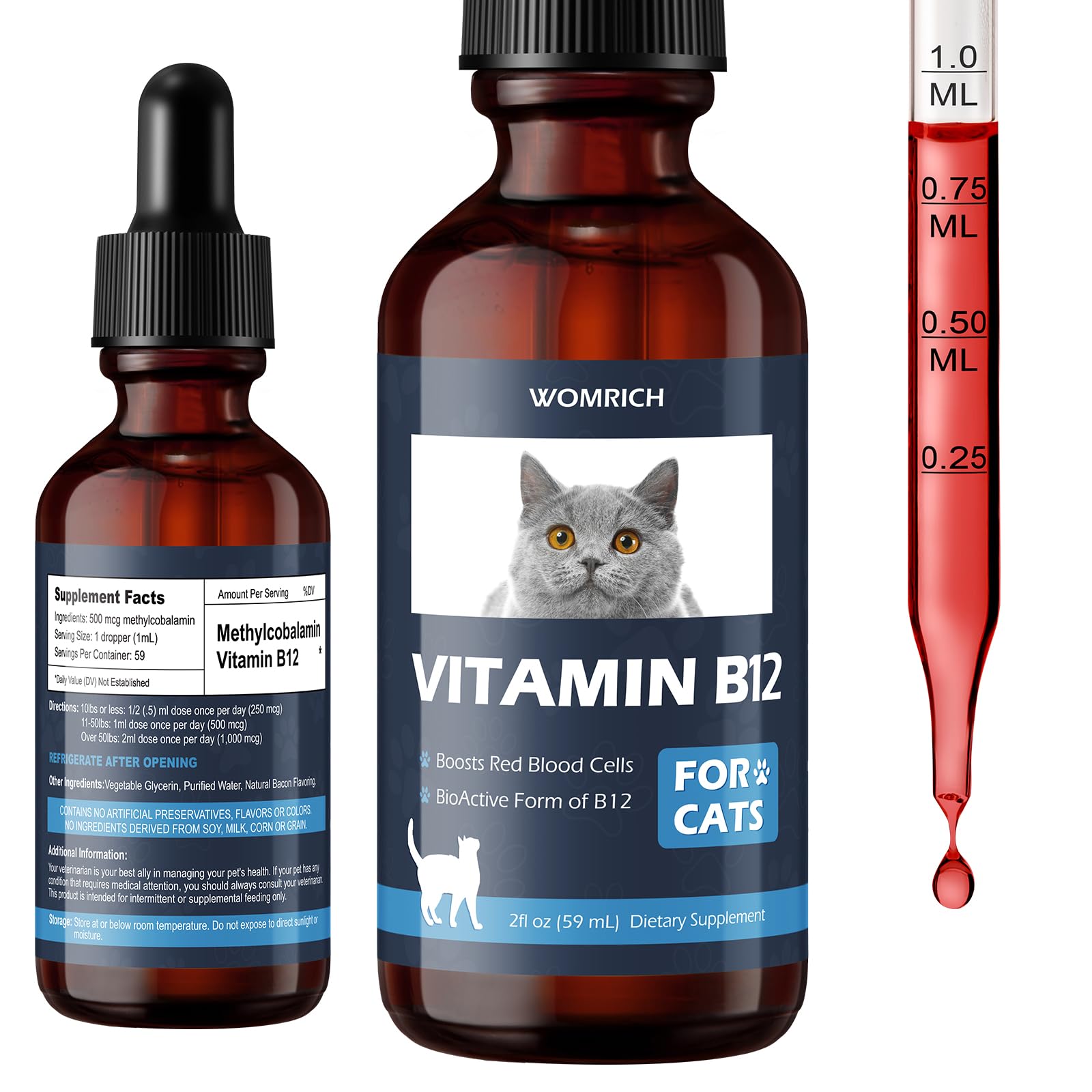 WOMRICH Appetite B12 Cat Bottle Pour demonstrates easy dosing for appetite support.