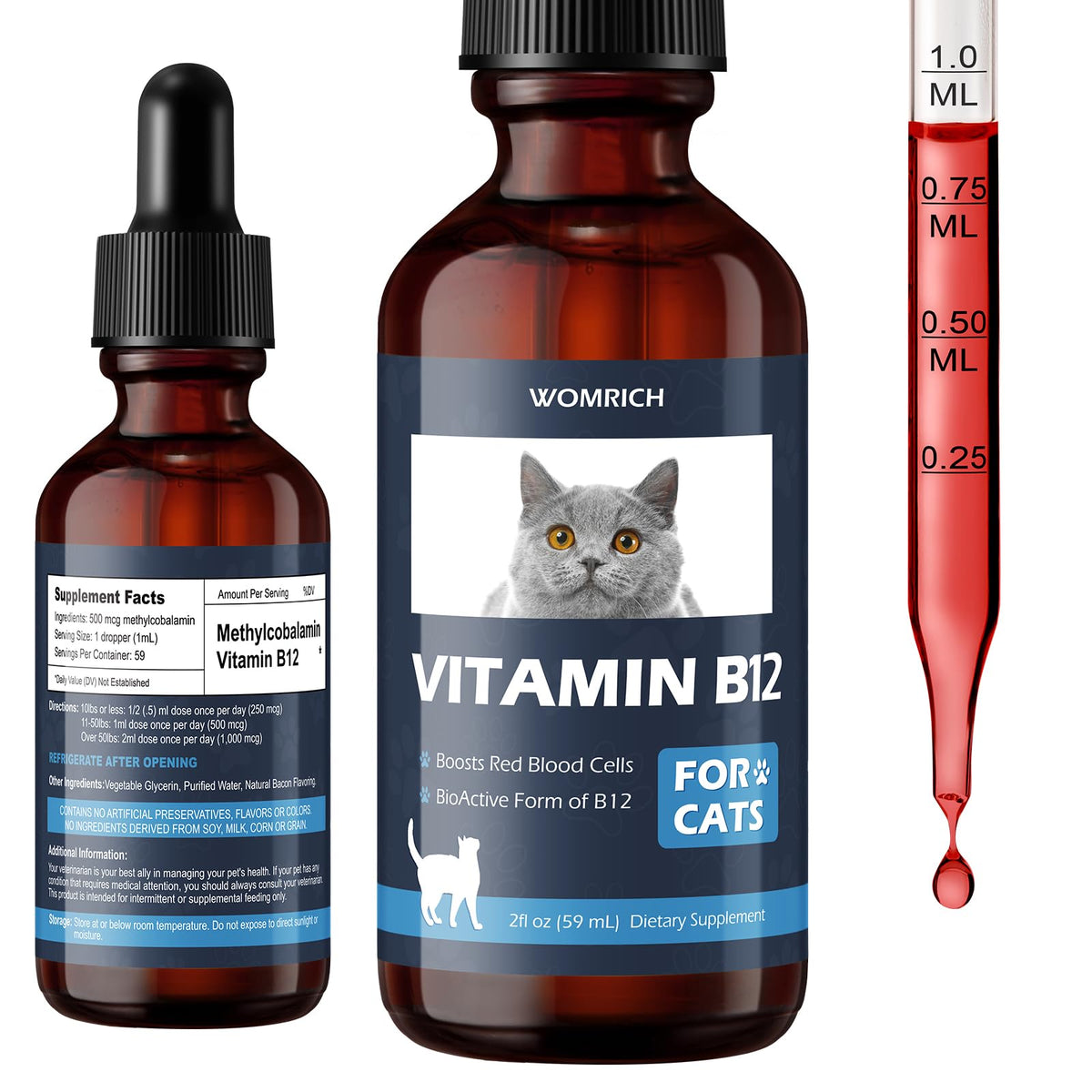 WOMRICH Appetite B12 Cat Bottle Pour demonstrates easy dosing for appetite support.