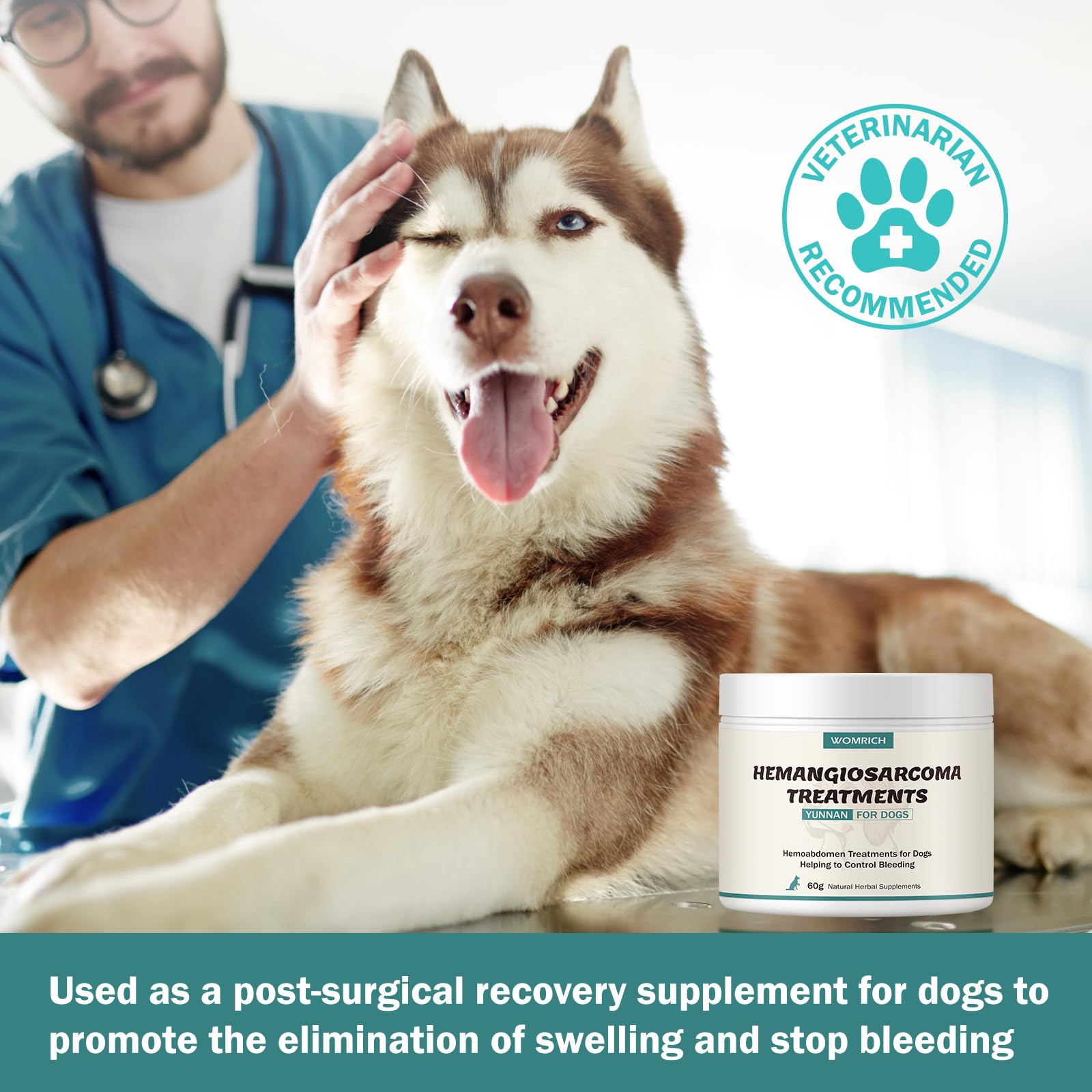 WOMRICH plant-powered dog recovery powder boosts energy and comfort after bleeding events.