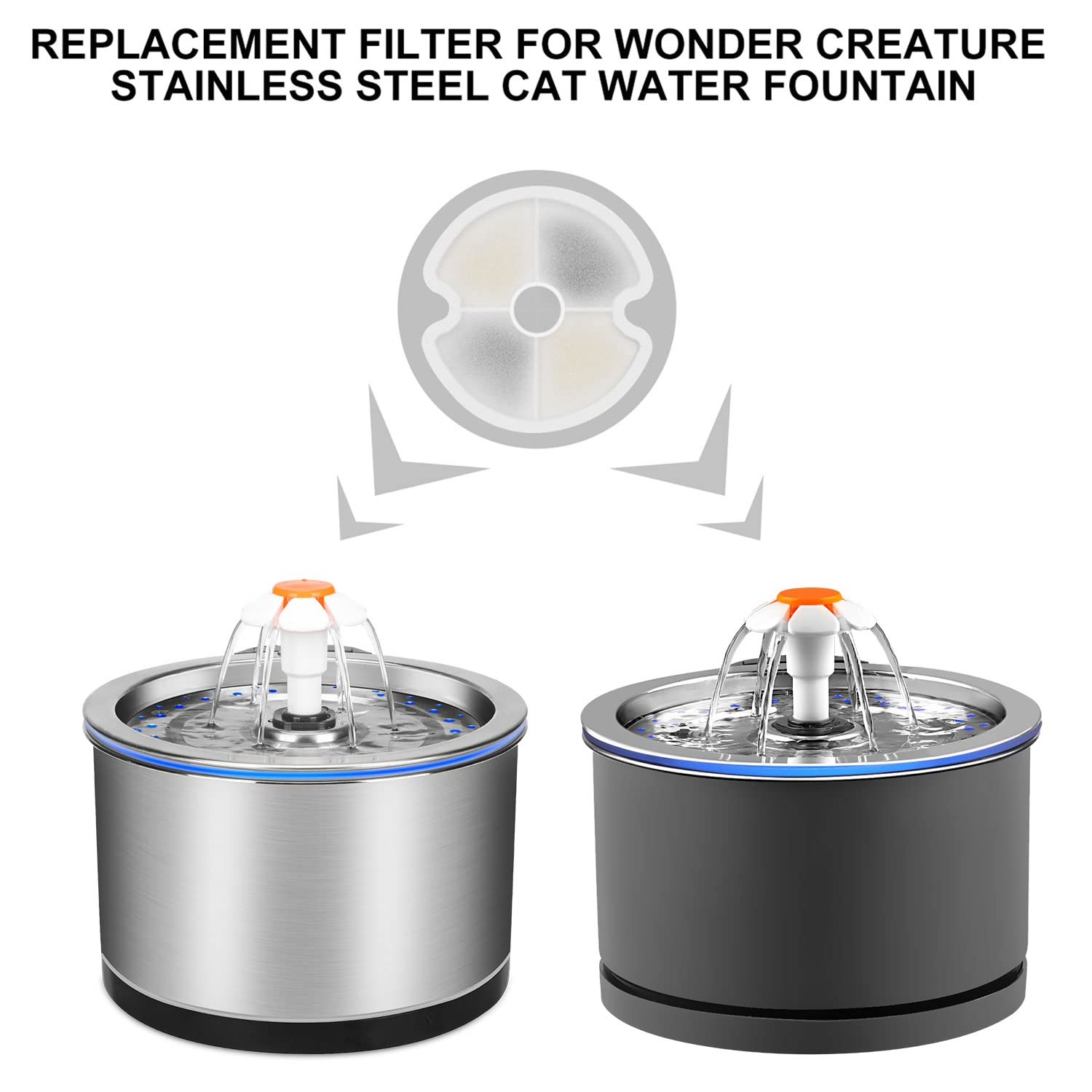 Wonder Creature cat fountain filter compatibility with 2L/67oz fountains for clean hydration.