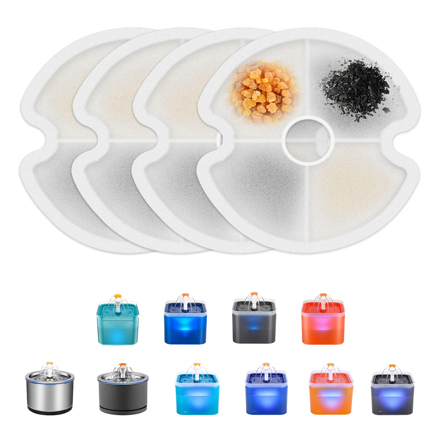 Wonder Creature cat fountain filter pack ready for easy replacement in a 4-pack.