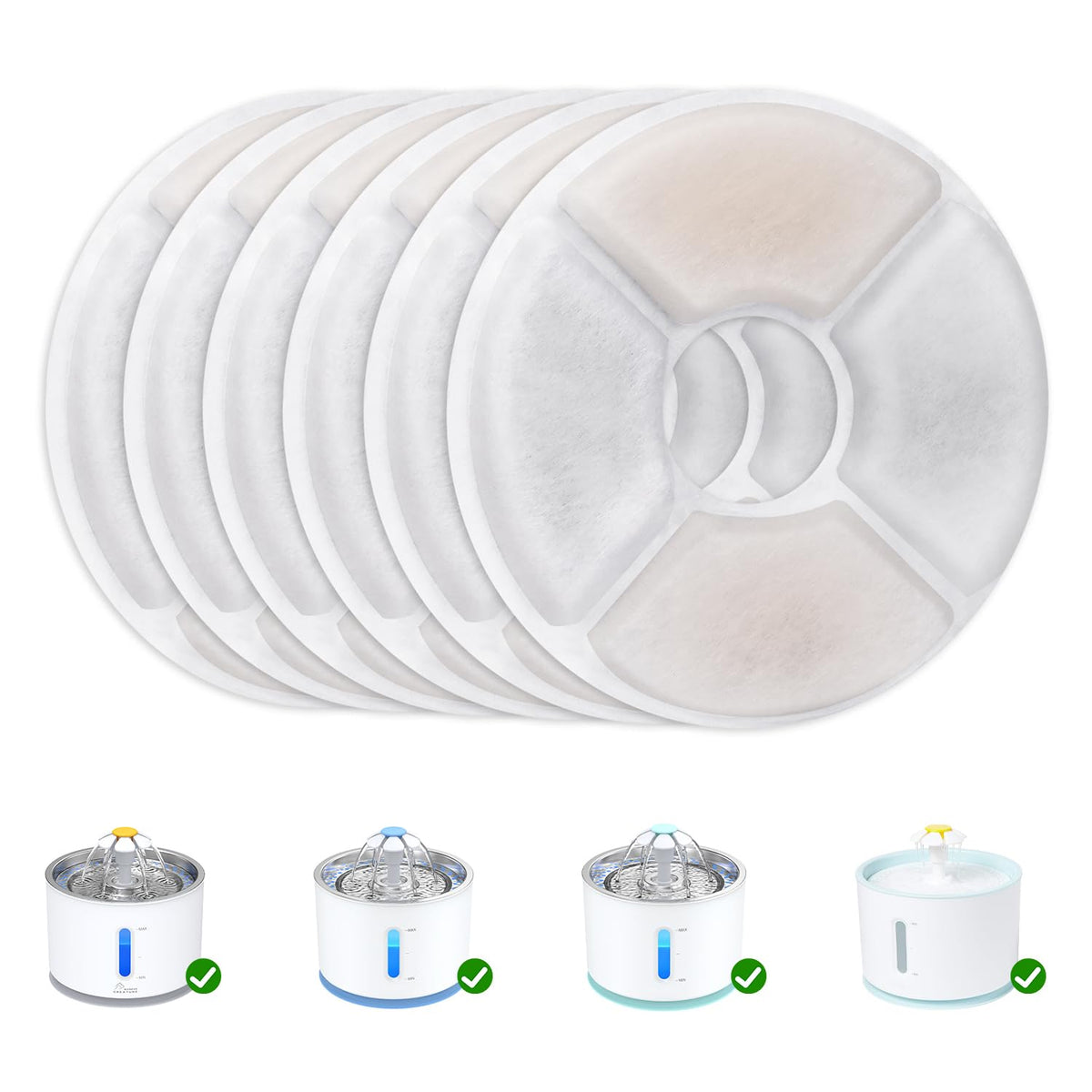 Wonder Creature six-pack cat fountain filters ready for easy replacement.