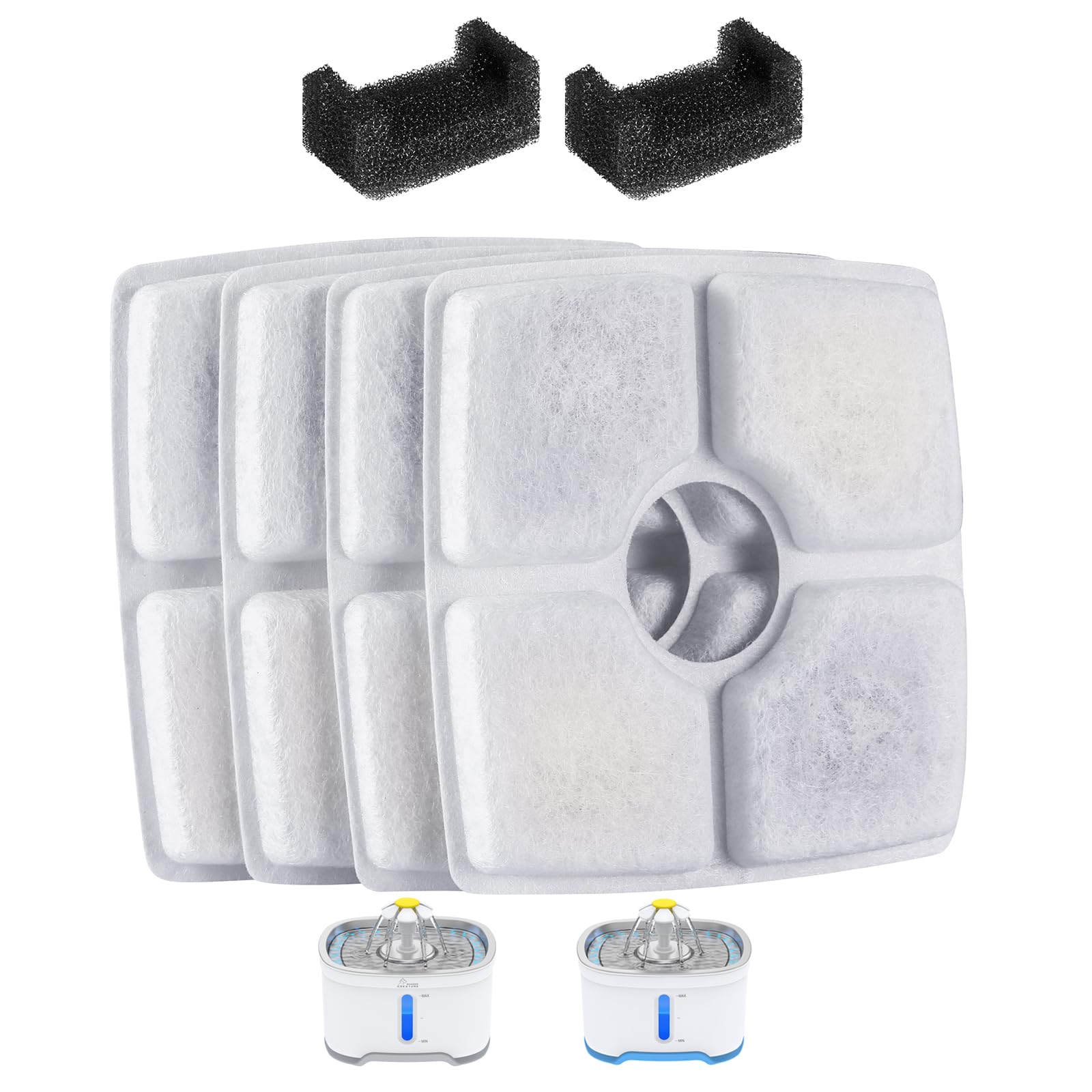 Wonder Creature cat fountain filter pack setup showcases six filters for clean drinking water.