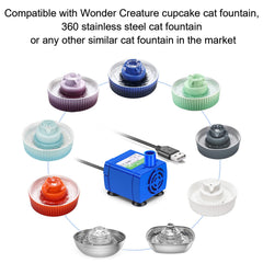 Wonder Creature Cat Fountain Pump installed in 360 stainless steel fountain for quiet flow.