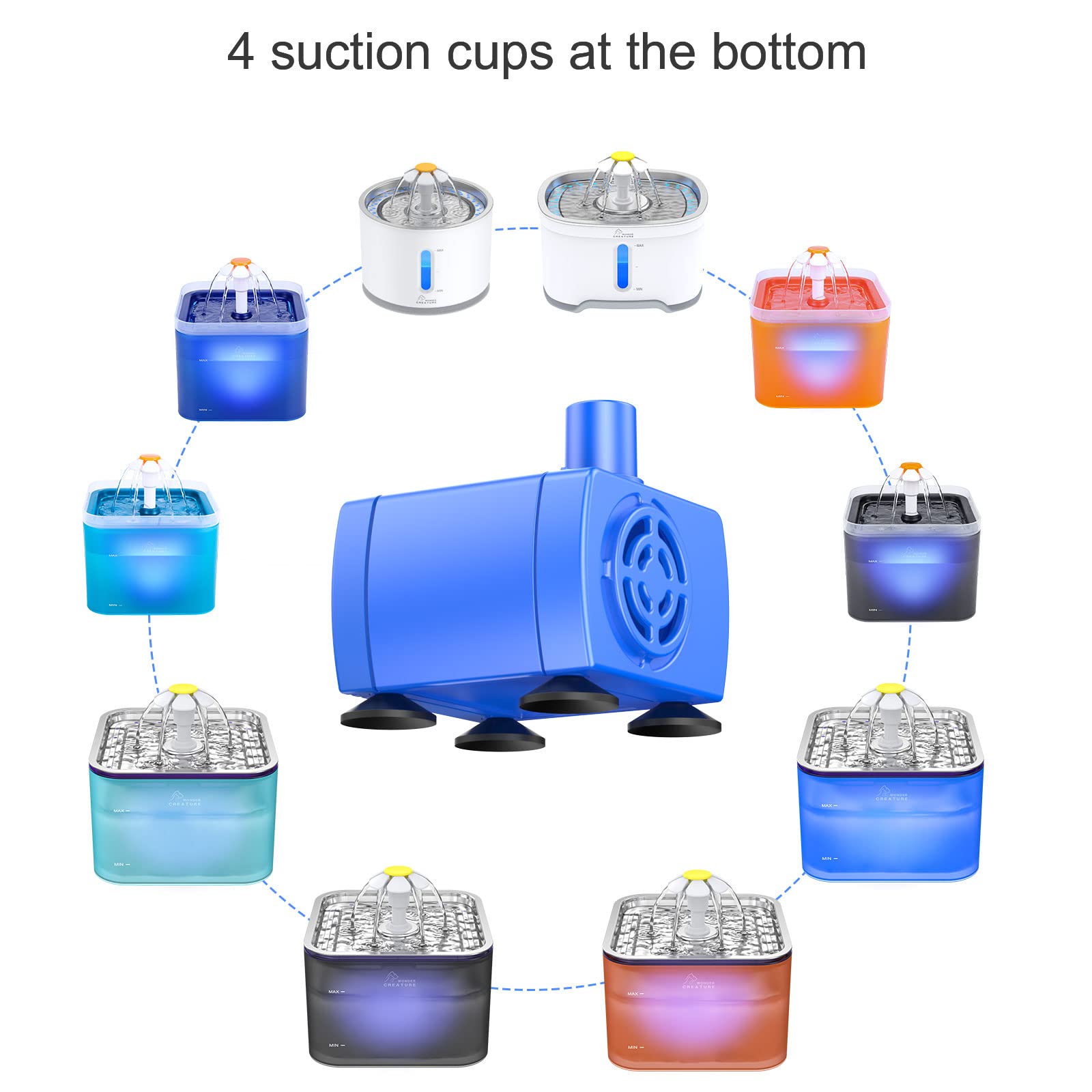 Wonder Creature cat fountain pump in-use water flow emphasizes hydration with minimal splash.