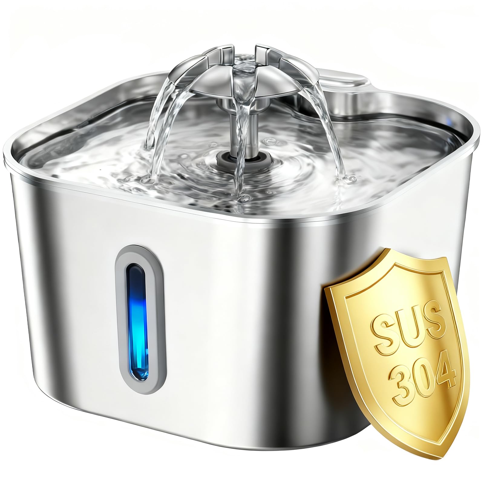 Wonder Creature cat water fountain 74oz side view emphasizes durable stainless steel for clean hydration.