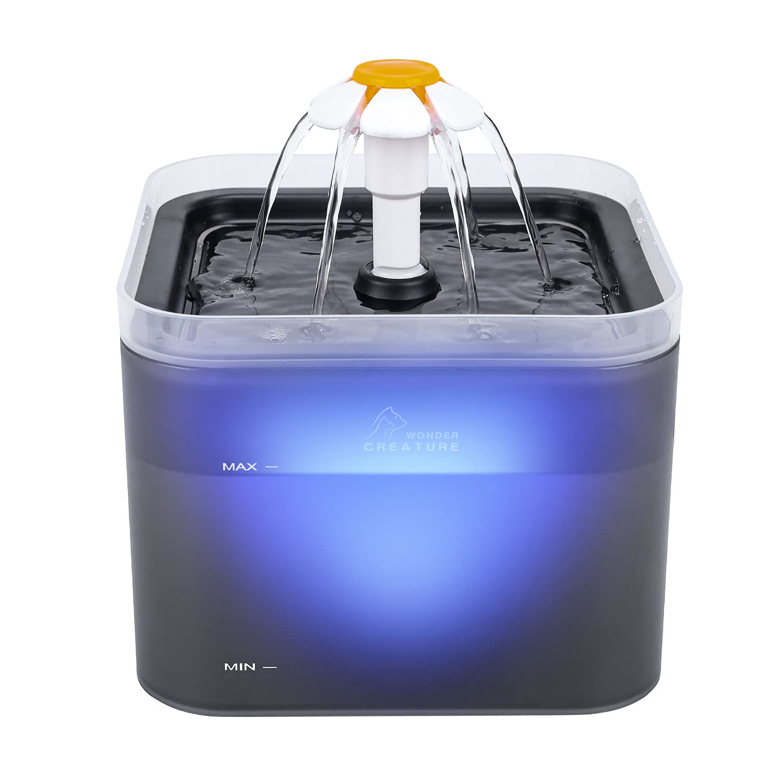 Wonder Creature cat water fountain front view with 67oz capacity for steady hydration.