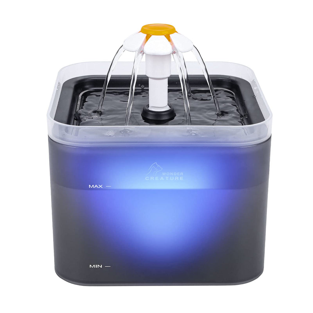 Wonder Creature cat water fountain front view with 67oz capacity for steady hydration.