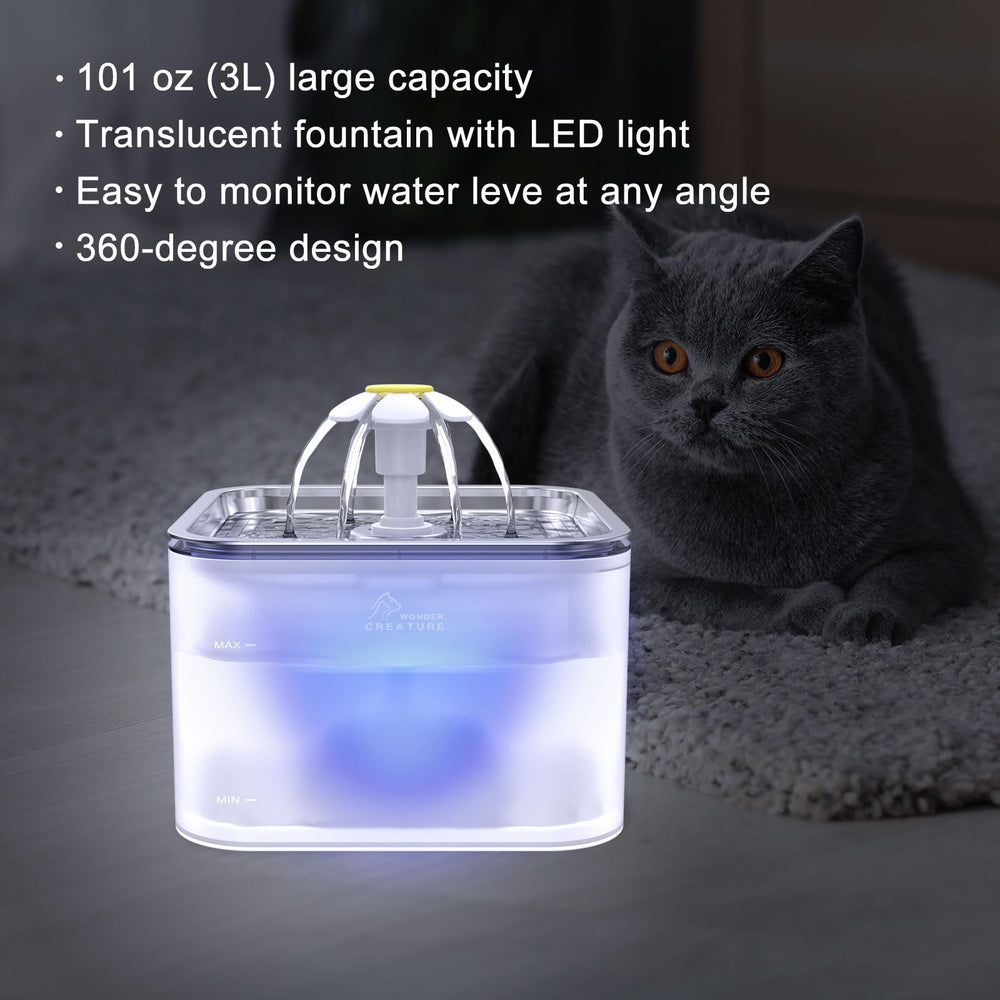 Wonder Creature cat water fountain LED indicator highlights nighttime visibility and ambience.