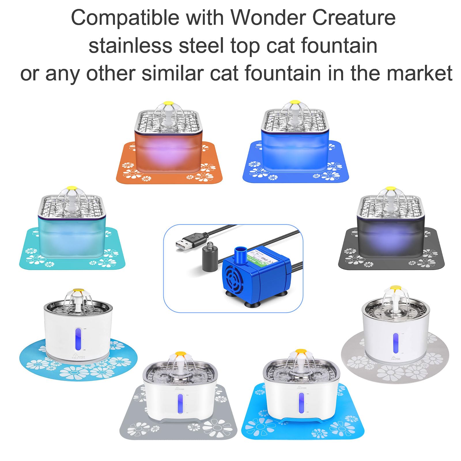 Wonder Creature pump with USB cord enables flexible placement and easy powering.